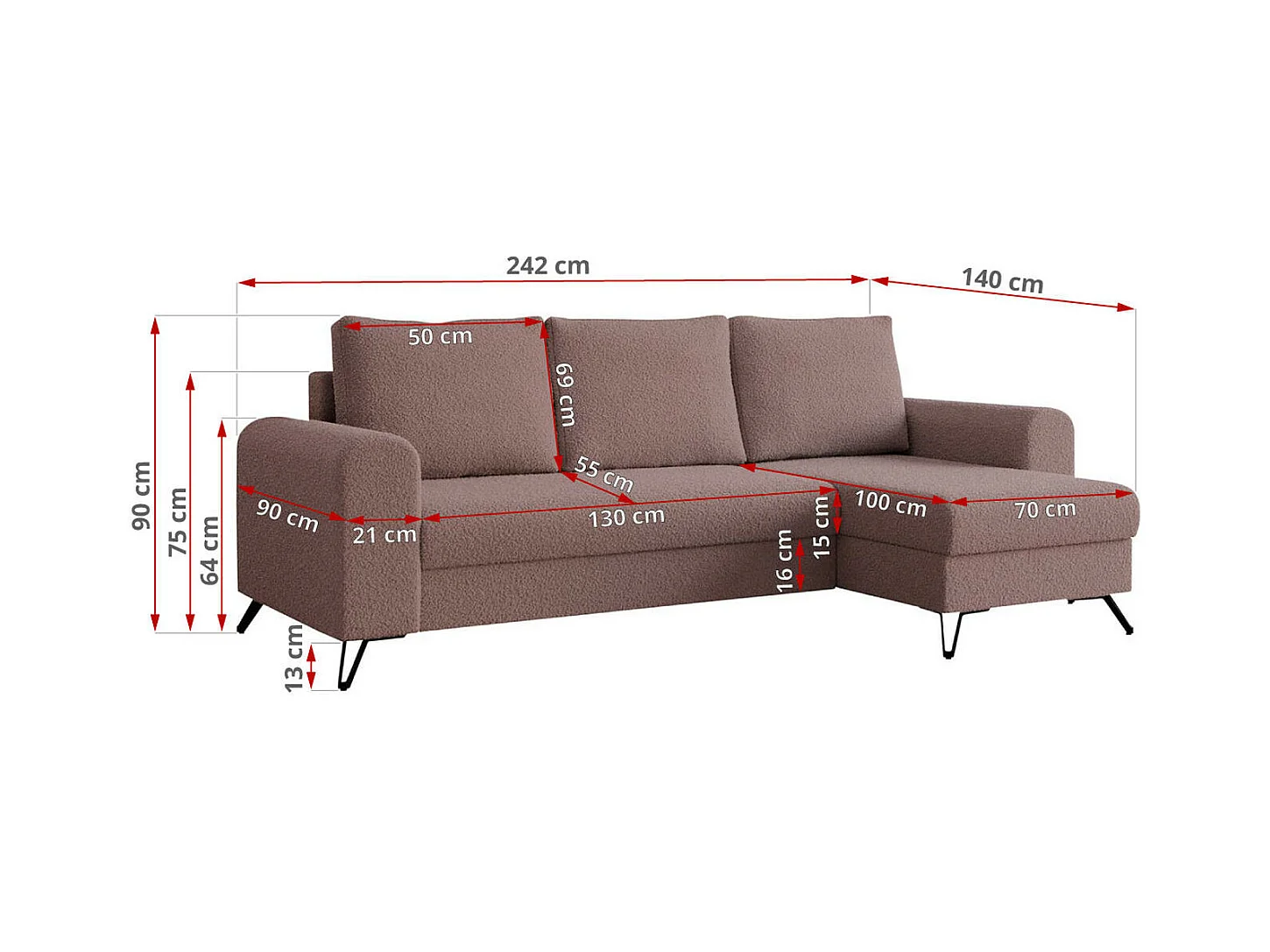 Ecksofa HUGO - L-Form mit Schlaffunktion, lose Kissen - Rosa Boucle