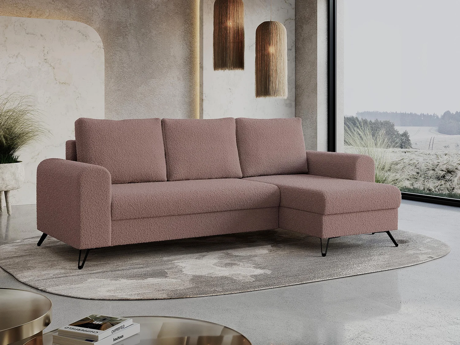 Ecksofa HUGO - L-Form mit Schlaffunktion, lose Kissen - Rosa Boucle