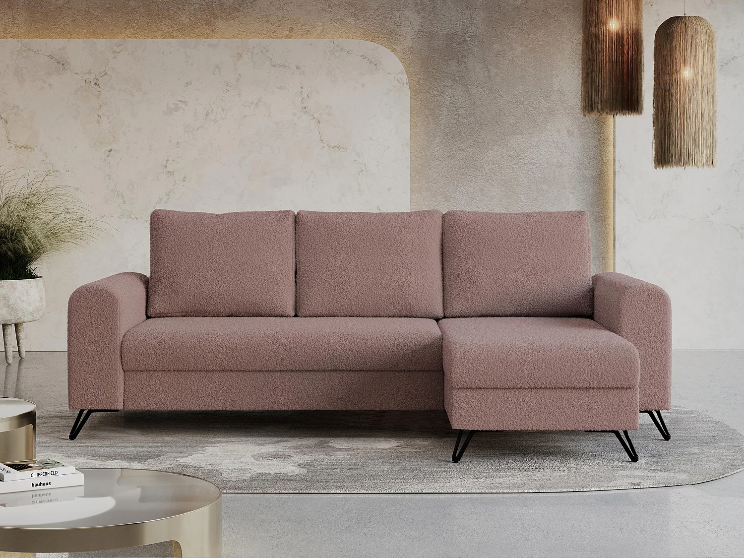 Ecksofa HUGO - L-Form mit Schlaffunktion, lose Kissen - Rosa Boucle
