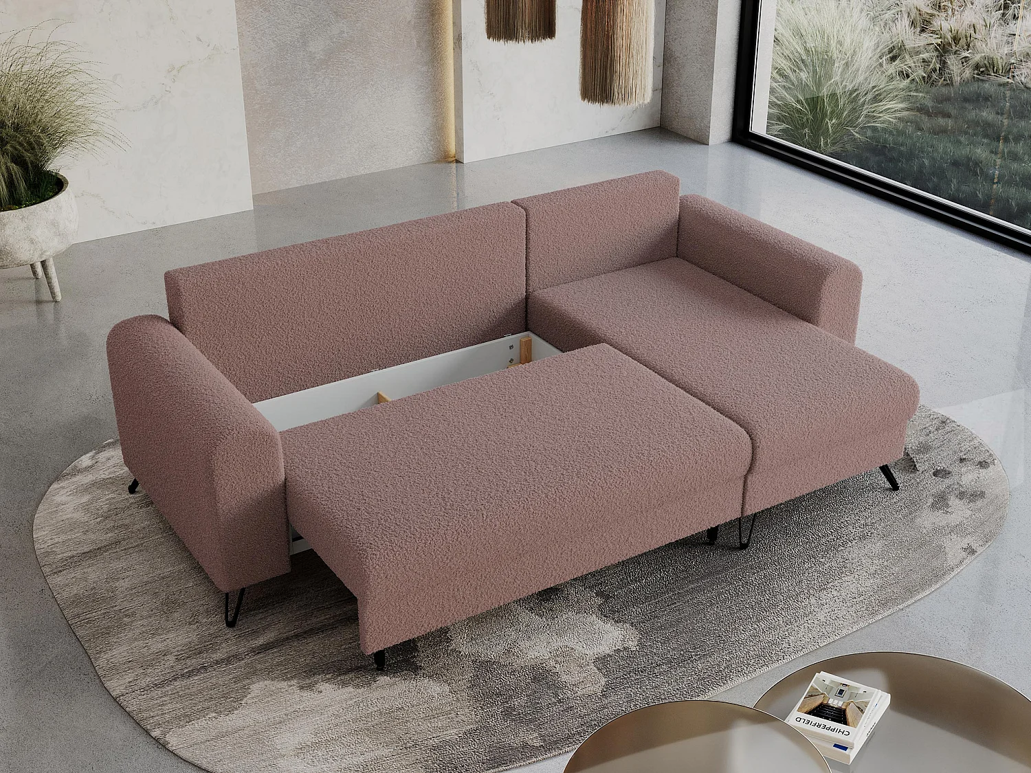 Ecksofa HUGO - L-Form mit Schlaffunktion, lose Kissen - Rosa Boucle