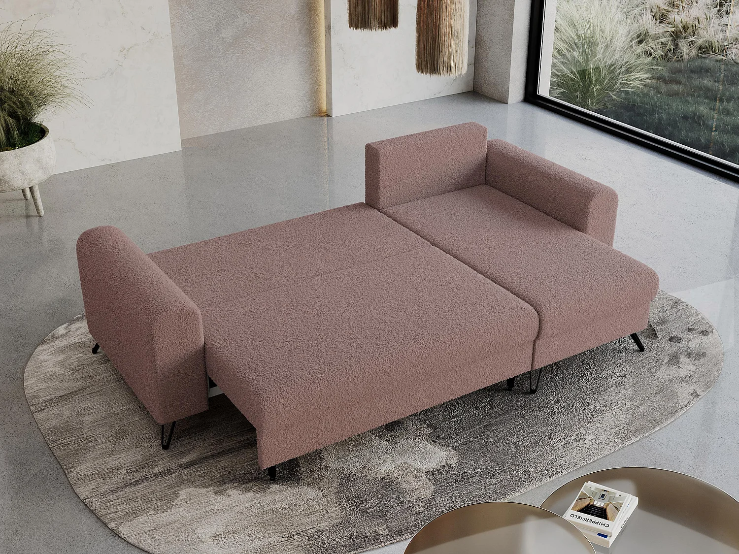 Ecksofa HUGO - L-Form mit Schlaffunktion, lose Kissen - Rosa Boucle