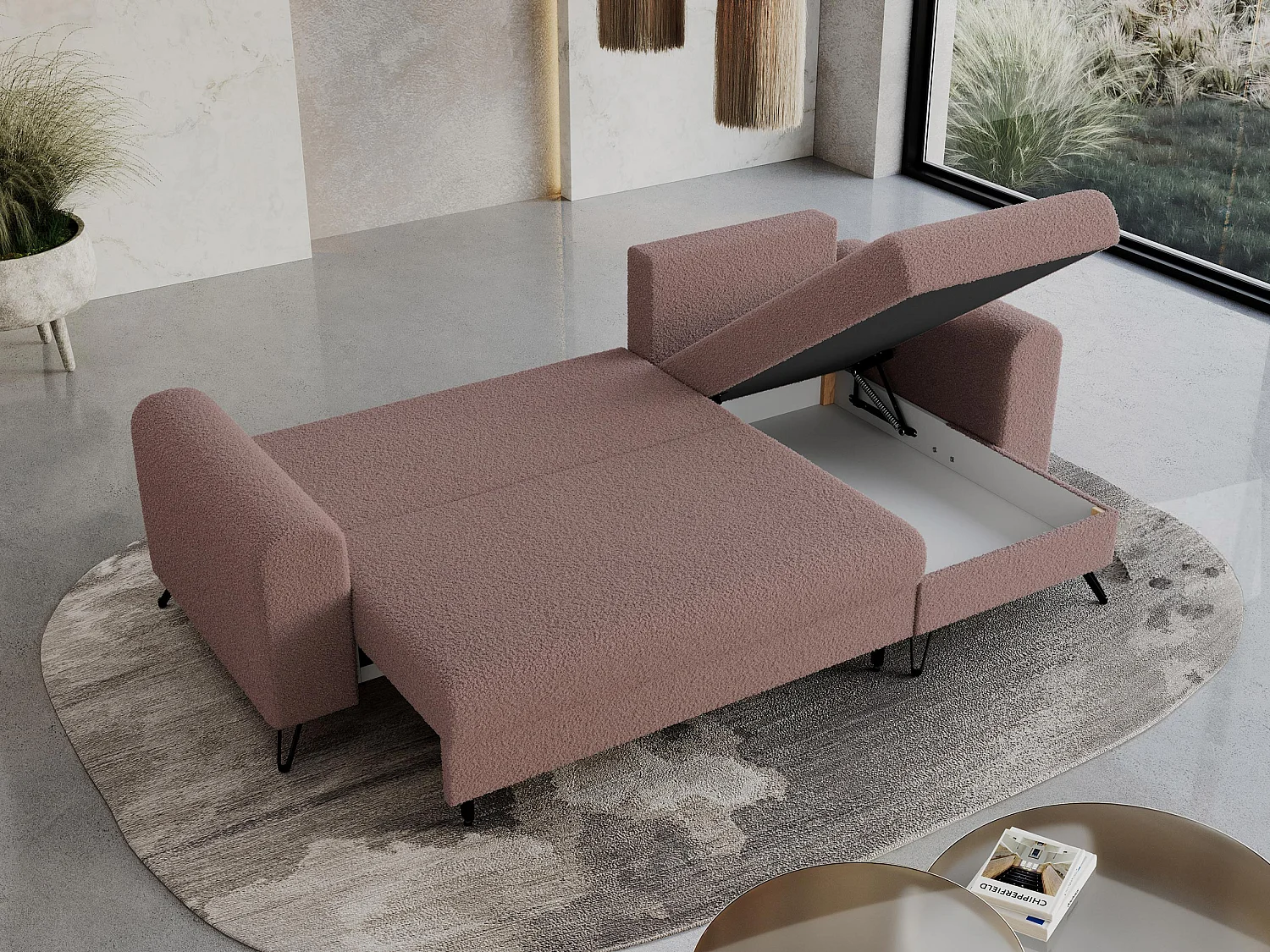 Ecksofa HUGO - L-Form mit Schlaffunktion, lose Kissen - Rosa Boucle