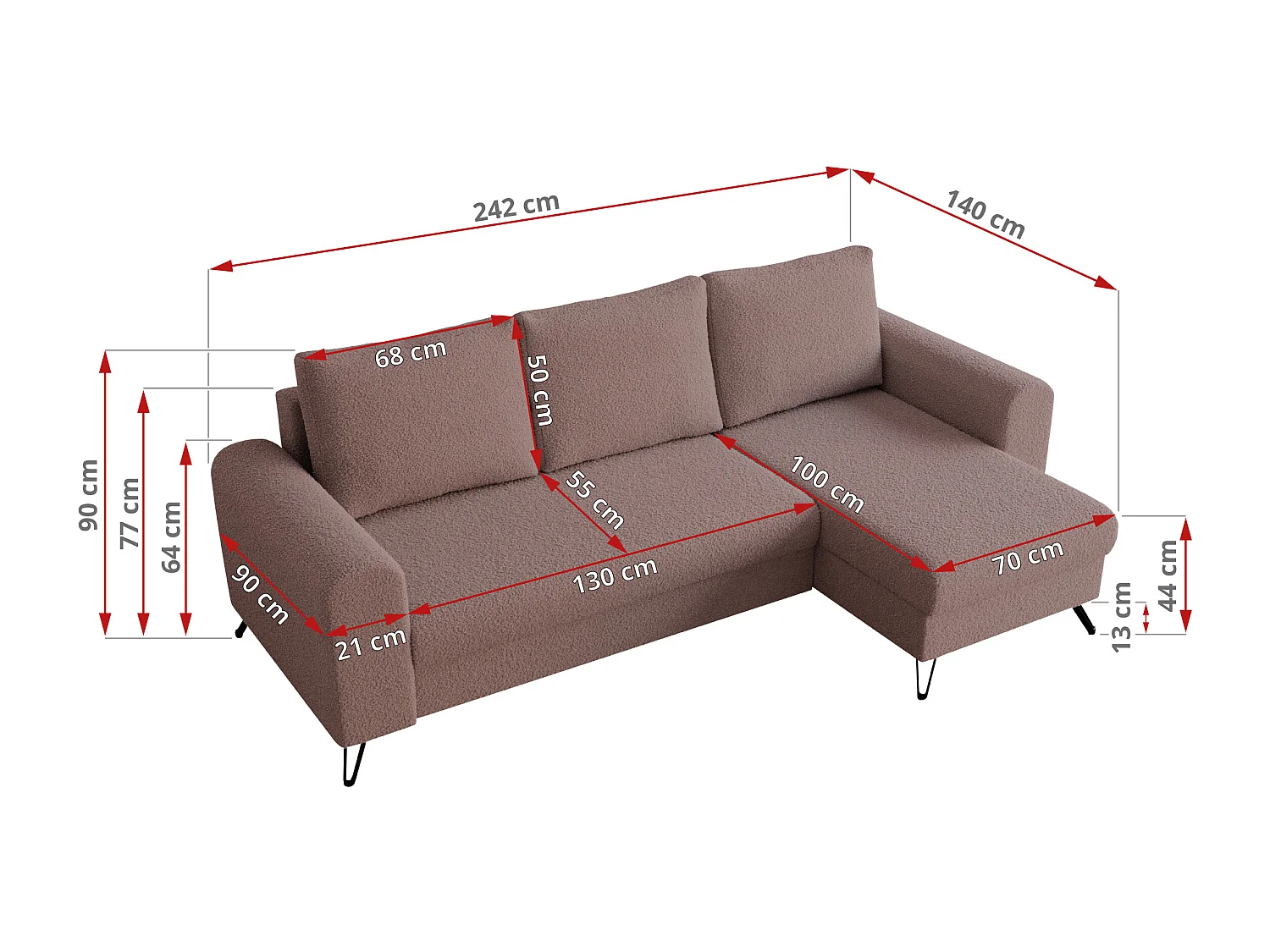 Ecksofa HUGO - L-Form mit Schlaffunktion, lose Kissen - Rosa Boucle
