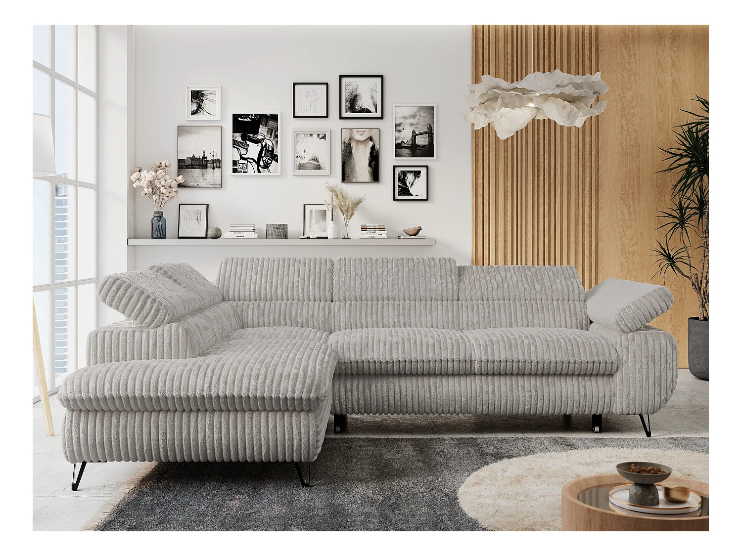 Ecksofa PETER verstellbare Kopfstütze, schlaffunktion - Hellgrau Cord - Ecke Links