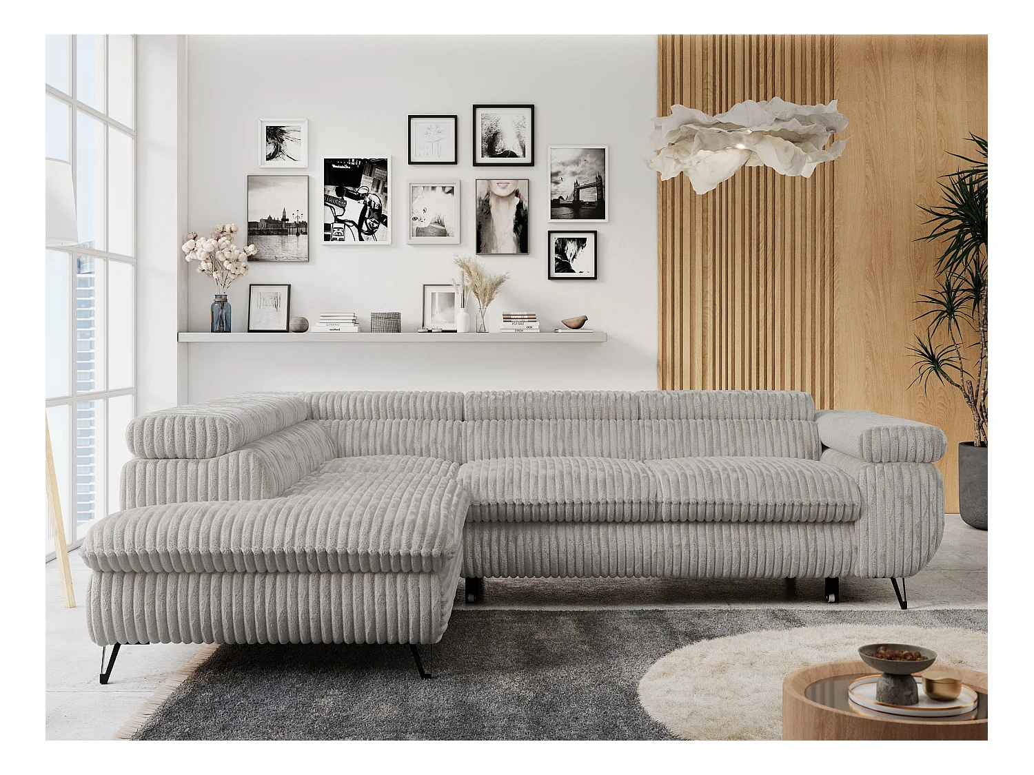 Ecksofa PETER verstellbare Kopfstütze, schlaffunktion - Hellgrau Cord - Ecke Links