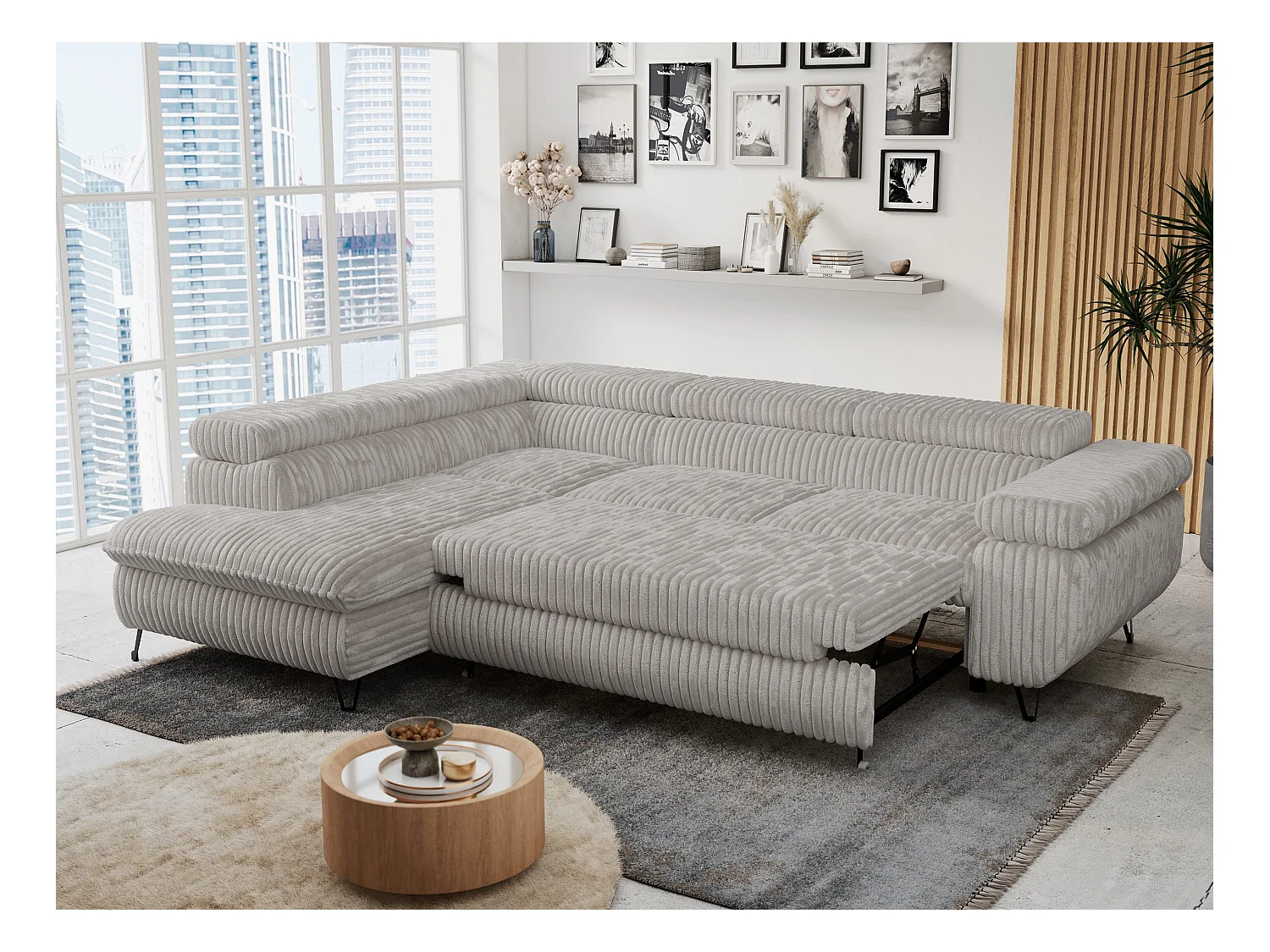 Ecksofa PETER verstellbare Kopfstütze, schlaffunktion - Hellgrau Cord - Ecke Links