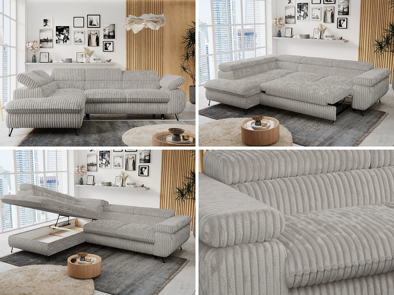 Ecksofa PETER verstellbare Kopfstütze, schlaffunktion - Hellgrau Cord - Ecke Links