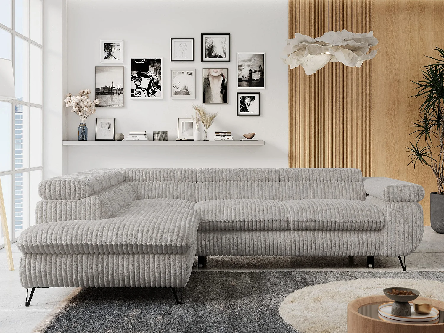 Ecksofa PETER verstellbare Kopfstütze, schlaffunktion - Hellgrau Cord - Ecke Links