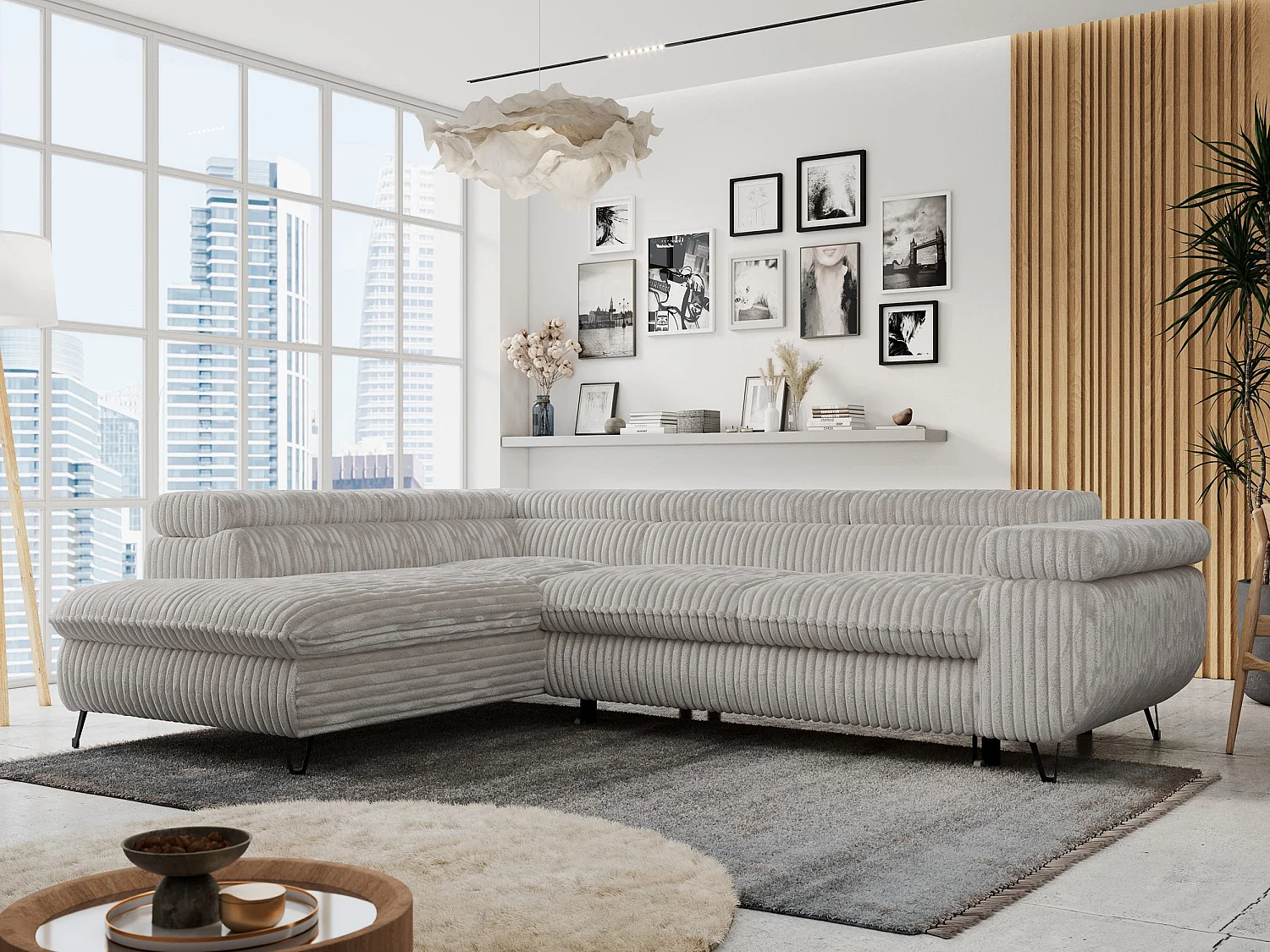 Ecksofa PETER verstellbare Kopfstütze, schlaffunktion - Hellgrau Cord - Ecke Links