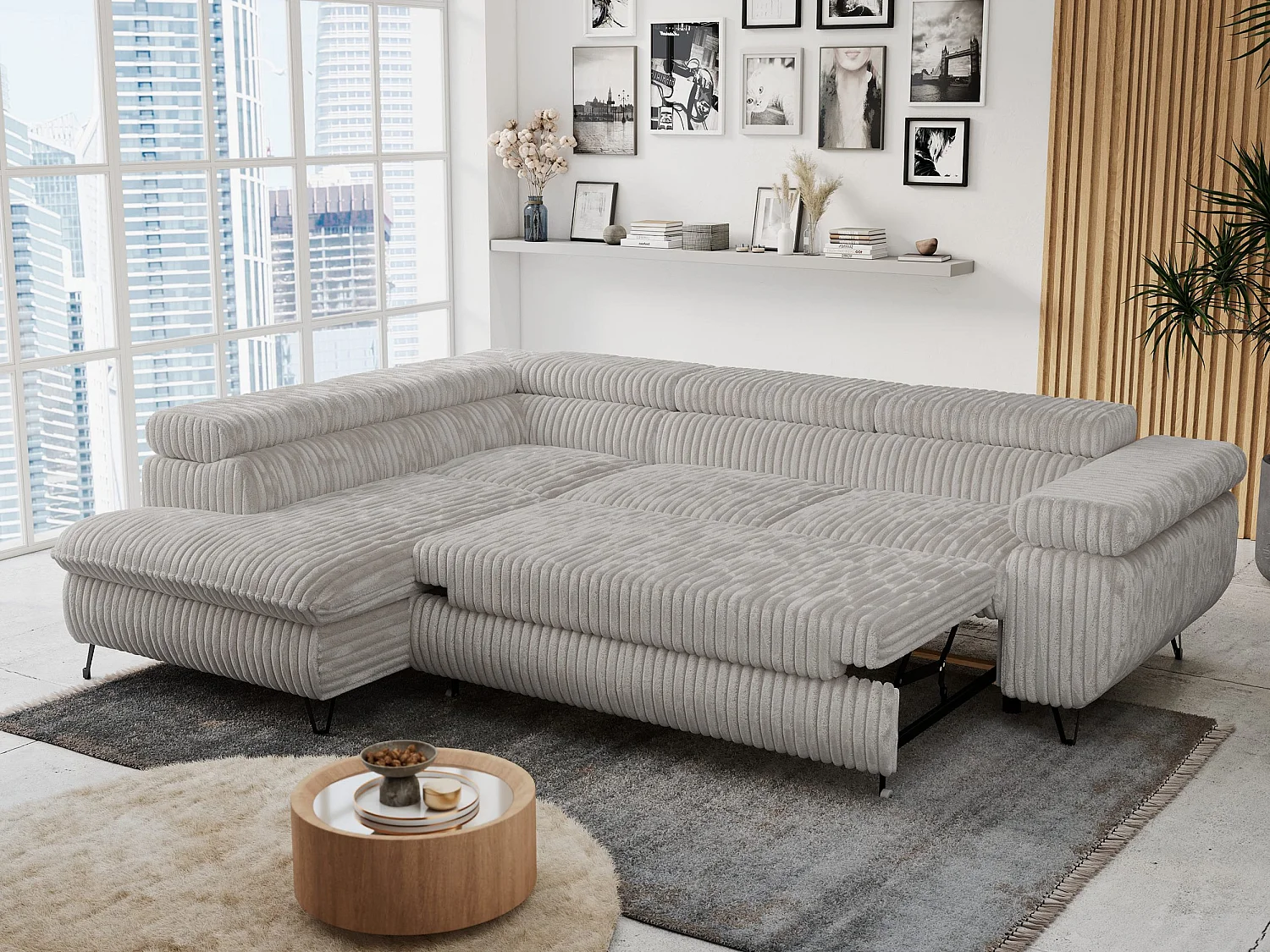 Ecksofa PETER verstellbare Kopfstütze, schlaffunktion - Hellgrau Cord - Ecke Links