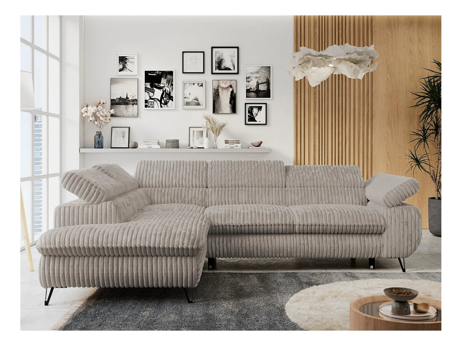 Ecksofa PETER verstellbare Kopfstütze, schlaffunktion - Grau Cord - Ecke Links