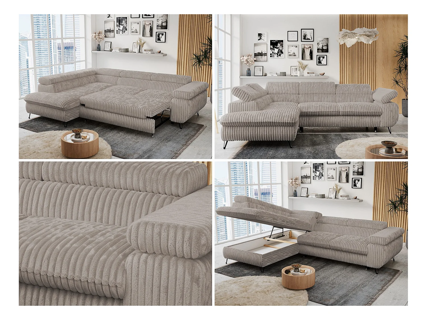 Ecksofa PETER verstellbare Kopfstütze, schlaffunktion - Grau Cord - Ecke Links