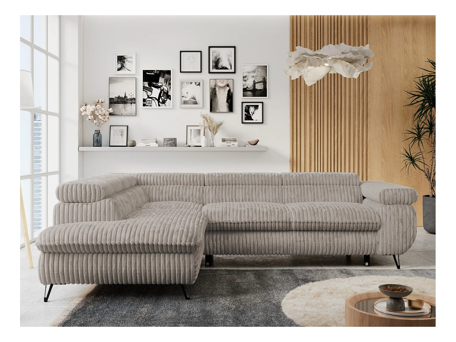 Ecksofa PETER verstellbare Kopfstütze, schlaffunktion - Grau Cord - Ecke Links