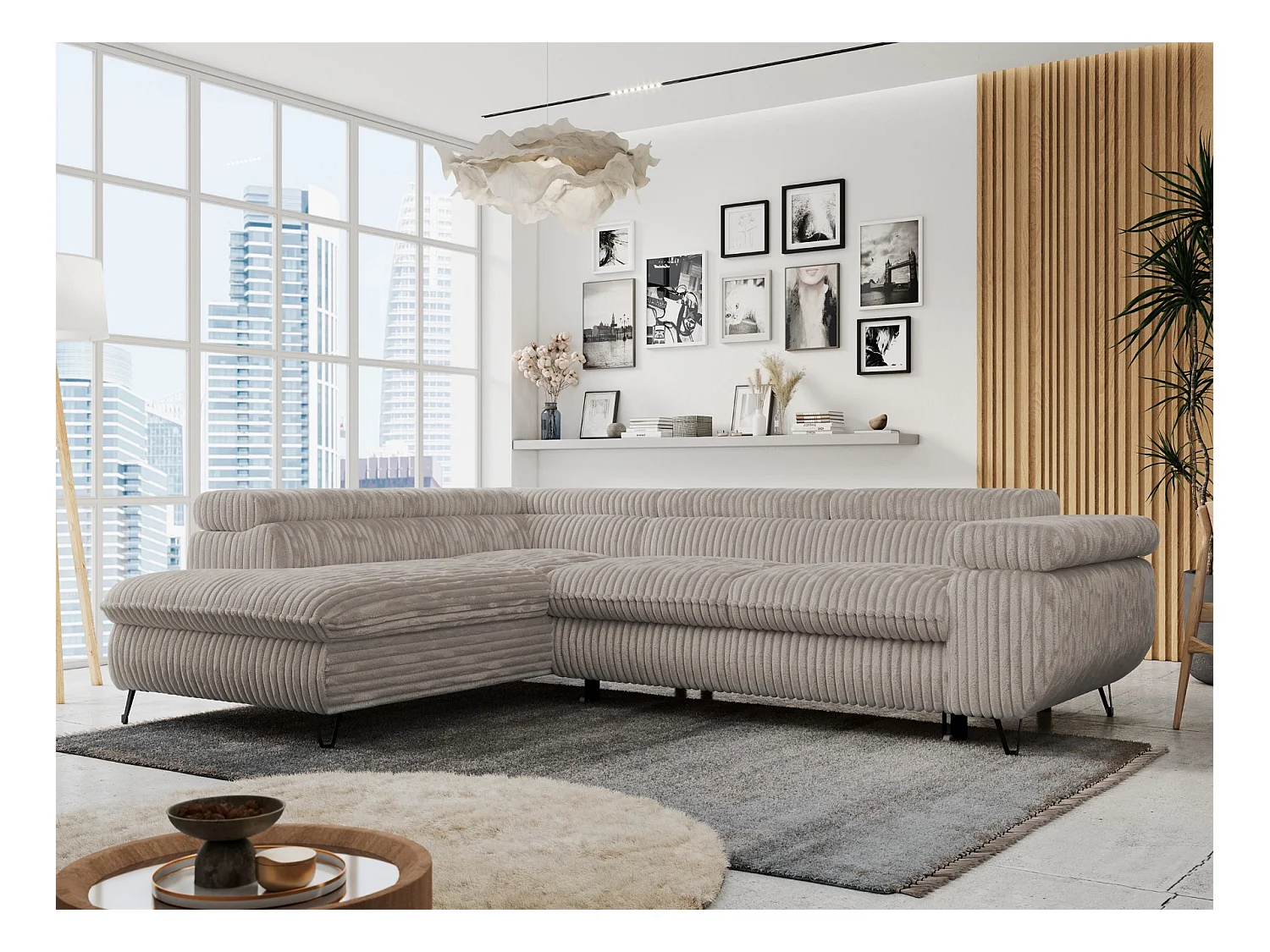 Ecksofa PETER verstellbare Kopfstütze, schlaffunktion - Grau Cord - Ecke Links