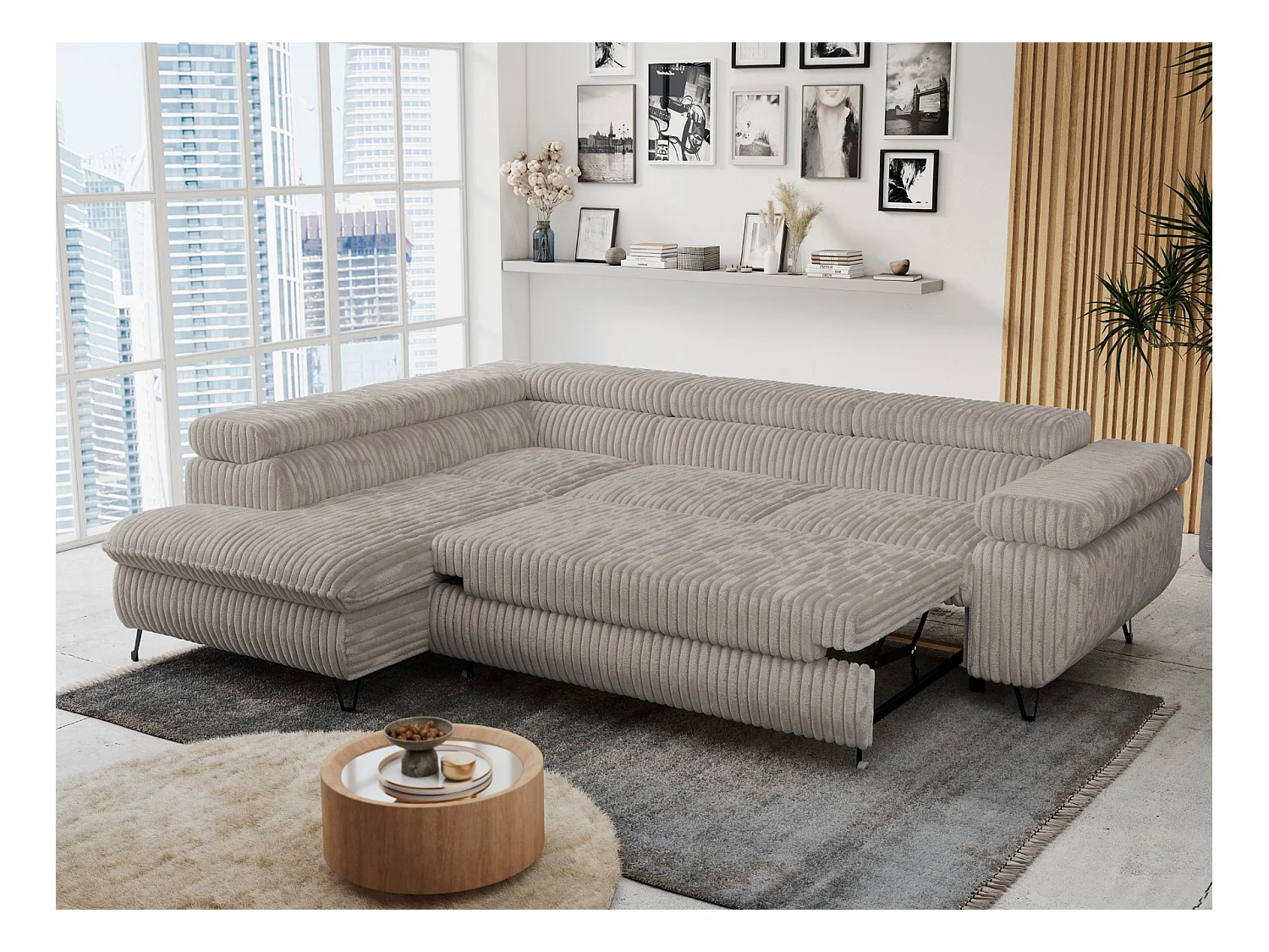 Ecksofa PETER verstellbare Kopfstütze, schlaffunktion - Grau Cord - Ecke Links