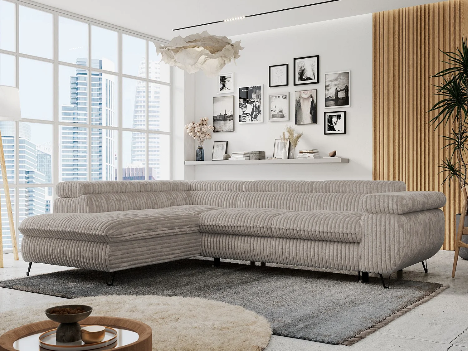 Ecksofa PETER verstellbare Kopfstütze, schlaffunktion - Grau Cord - Ecke Links