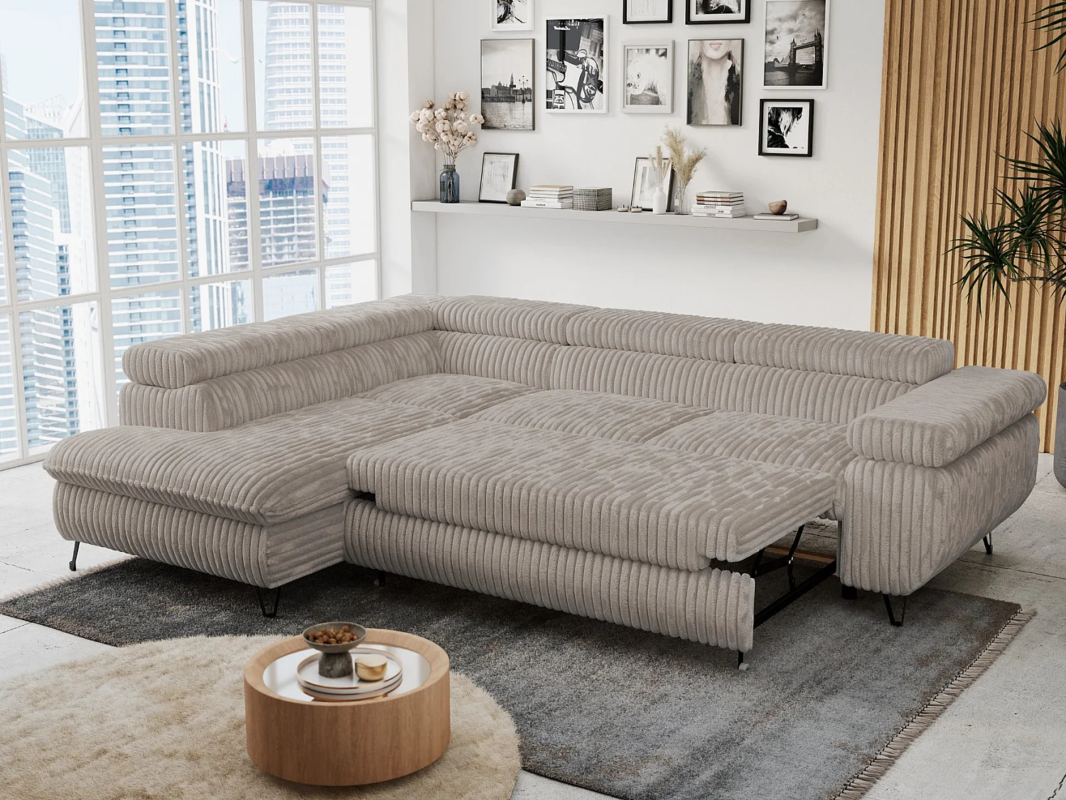 Ecksofa PETER verstellbare Kopfstütze, schlaffunktion - Grau Cord - Ecke Links