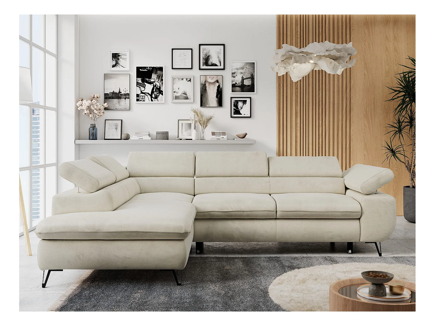 Ecksofa PETER verstellbare Kopfstütze, schlaffunktion - Beige Velvet - Ecke Links