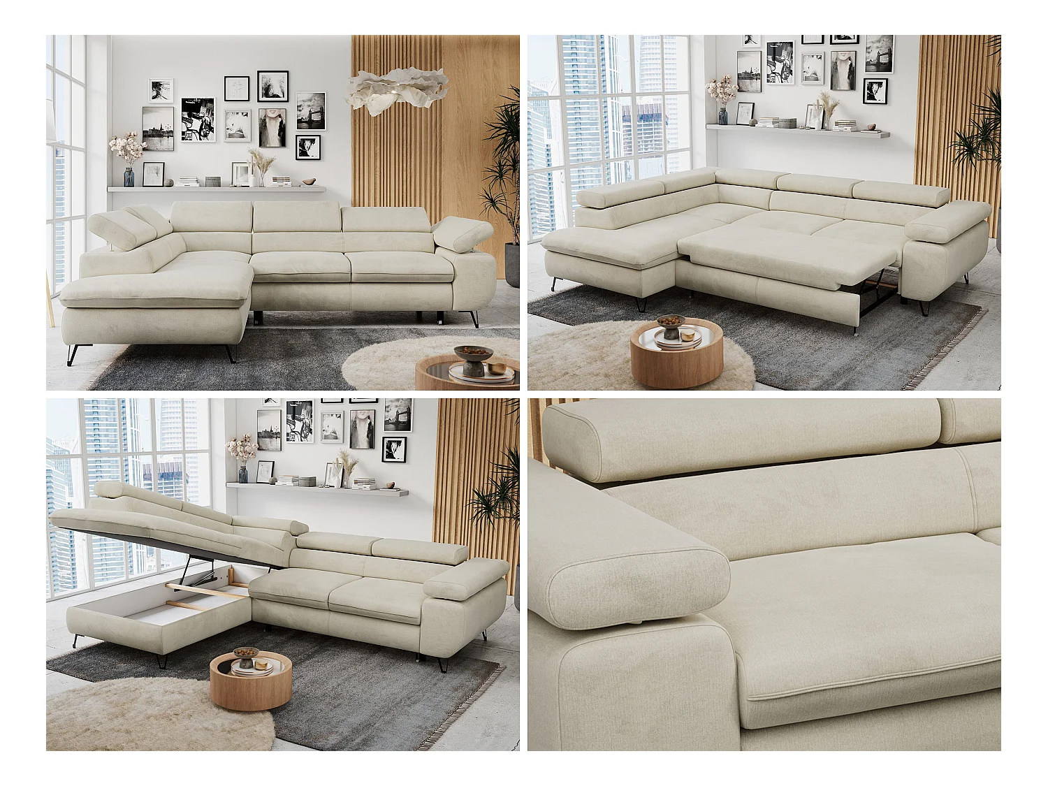 Ecksofa PETER verstellbare Kopfstütze, schlaffunktion - Beige Velvet - Ecke Links