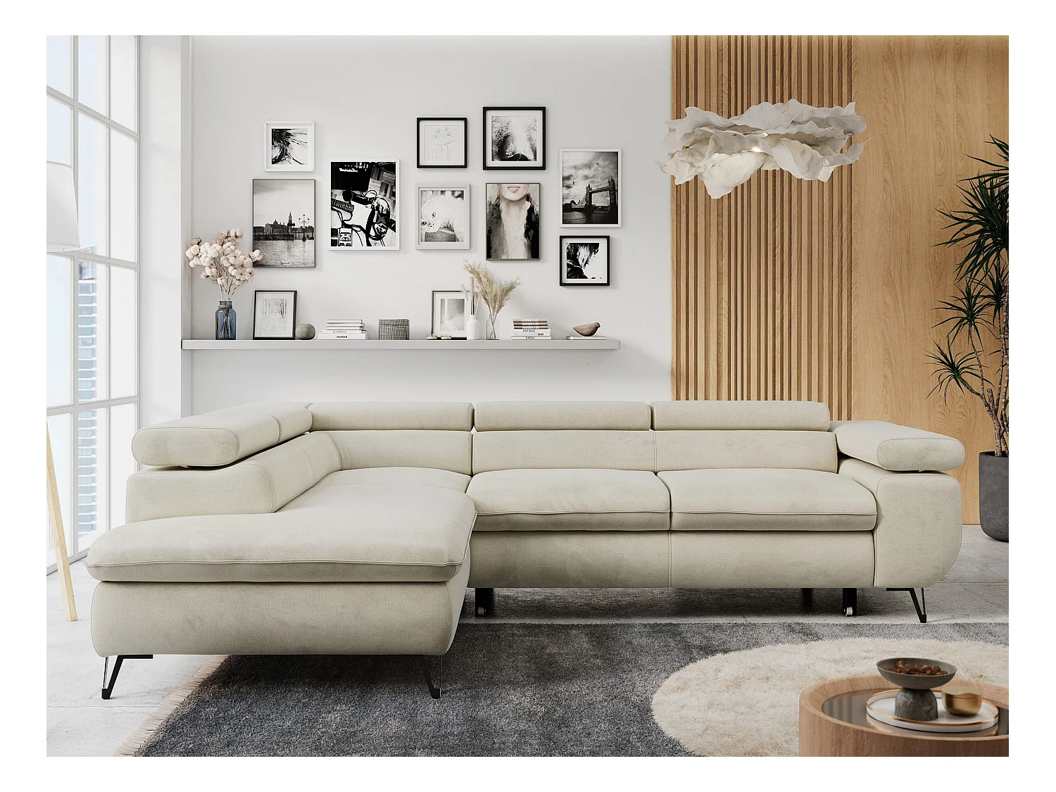 Ecksofa PETER verstellbare Kopfstütze, schlaffunktion - Beige Velvet - Ecke Links