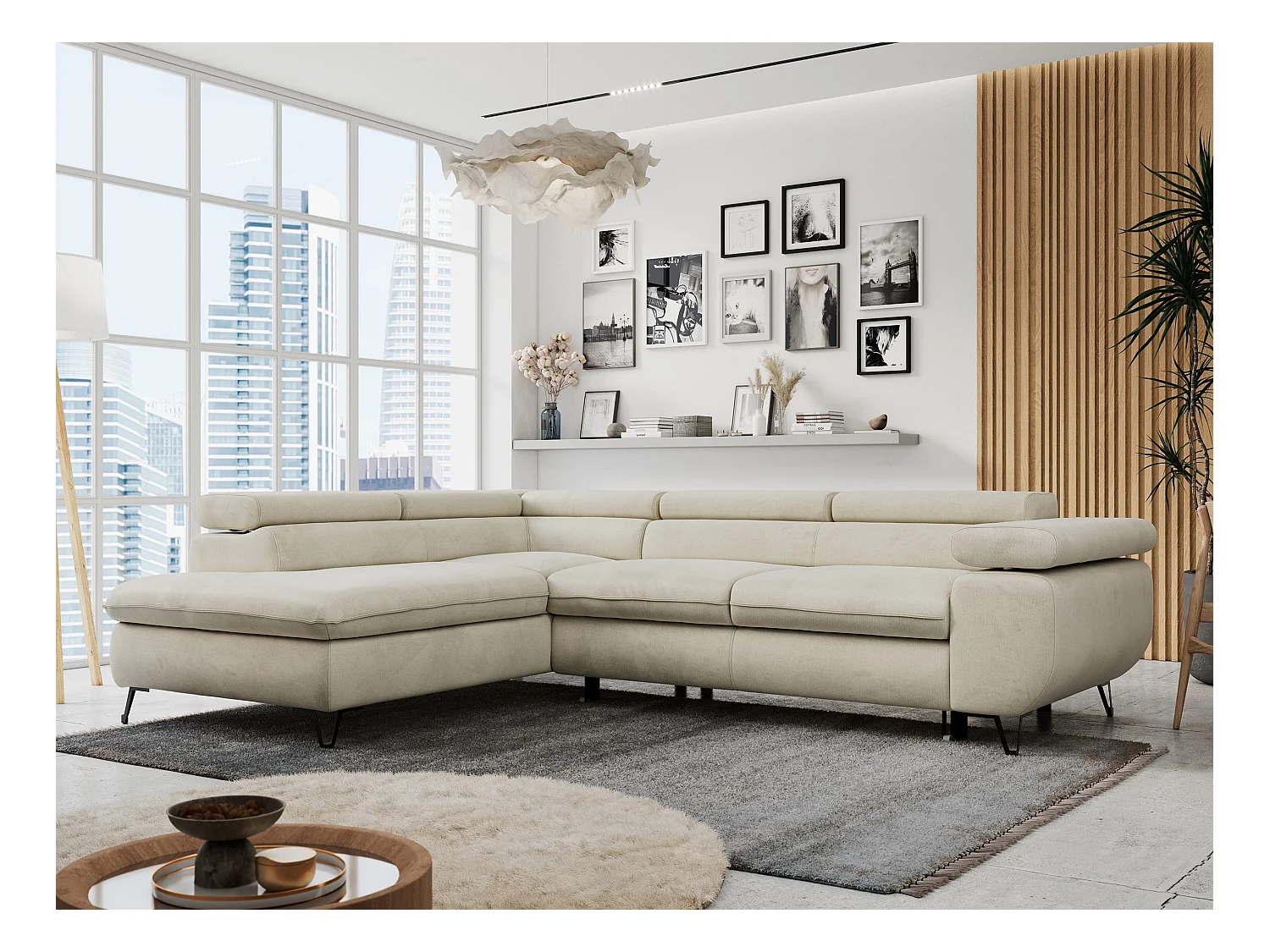 Ecksofa PETER verstellbare Kopfstütze, schlaffunktion - Beige Velvet - Ecke Links