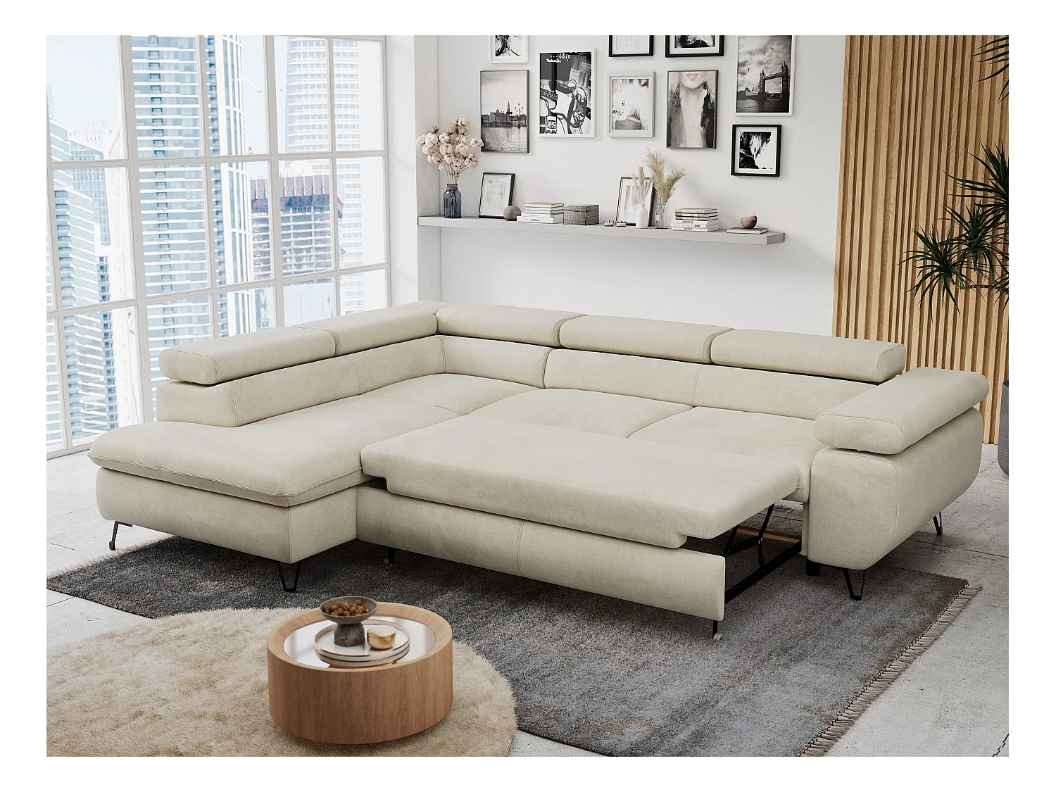 Ecksofa PETER verstellbare Kopfstütze, schlaffunktion - Beige Velvet - Ecke Links