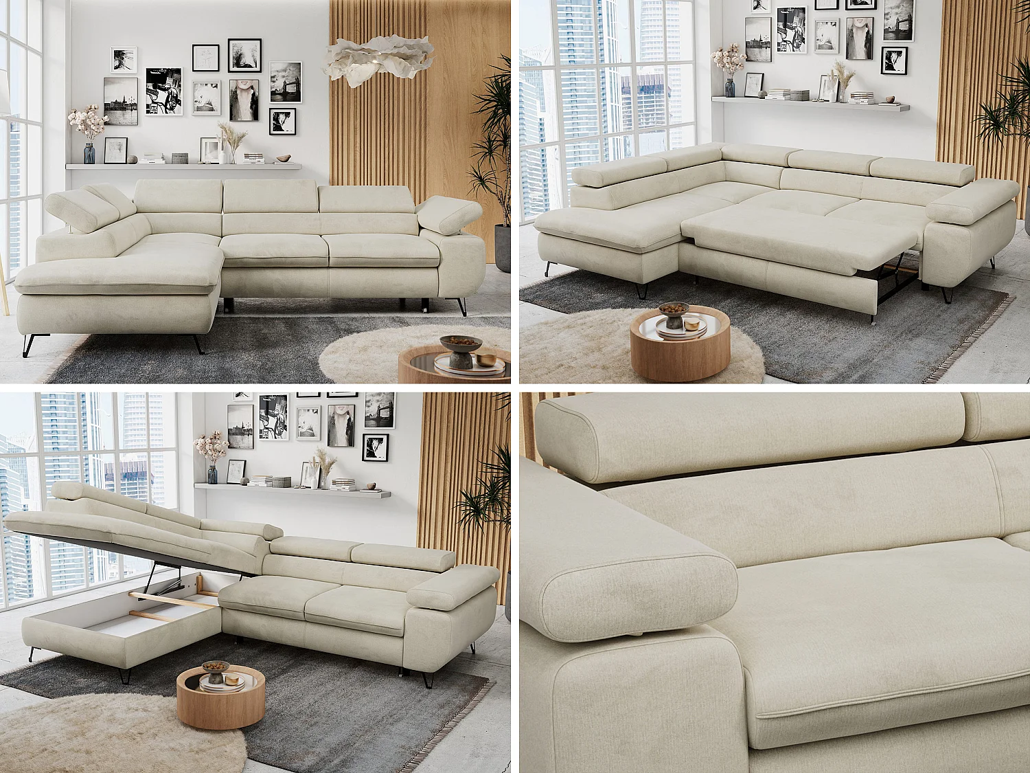 Ecksofa PETER verstellbare Kopfstütze, schlaffunktion - Beige Velvet - Ecke Links