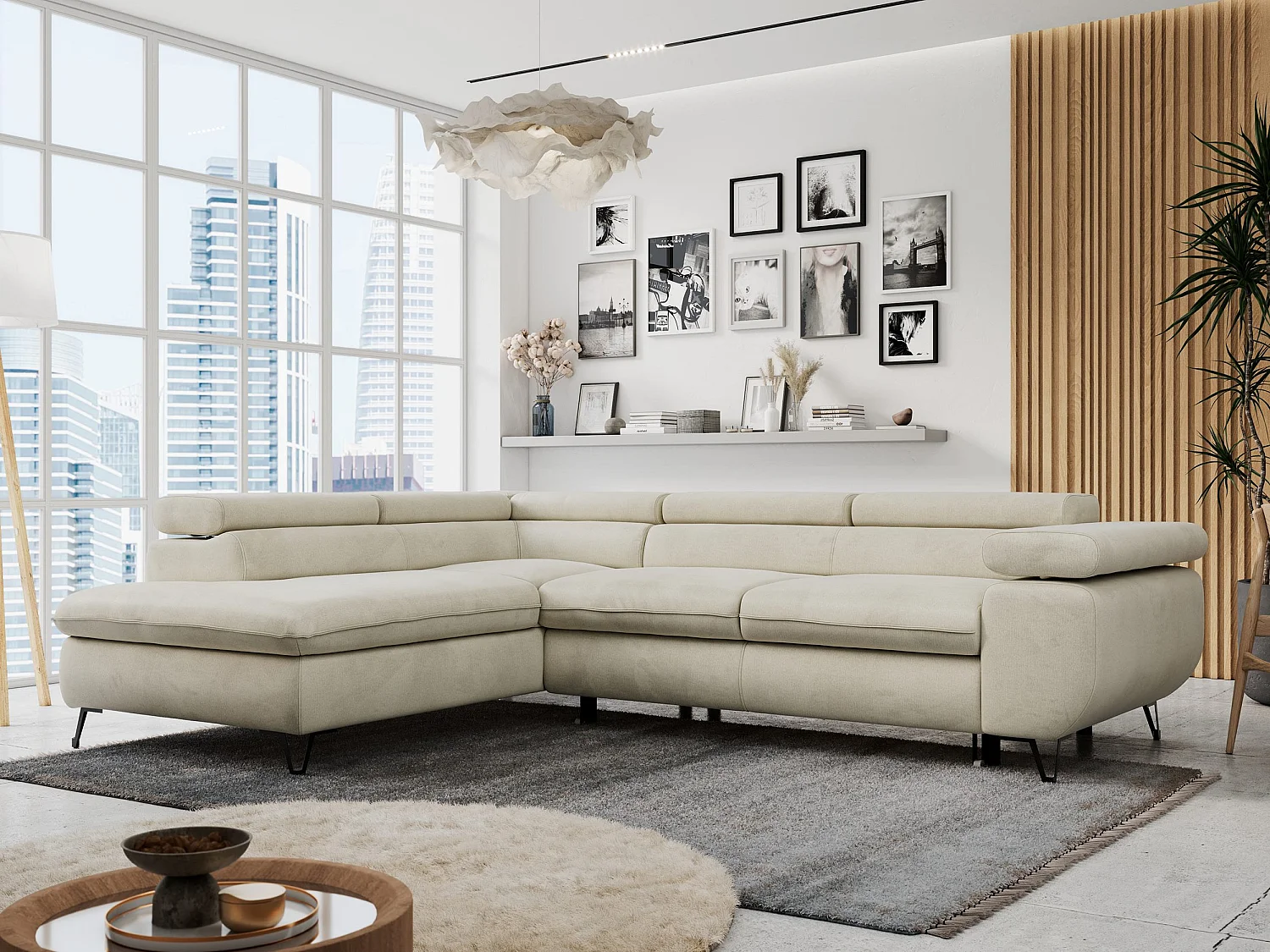 Ecksofa PETER verstellbare Kopfstütze, schlaffunktion - Beige Velvet - Ecke Links