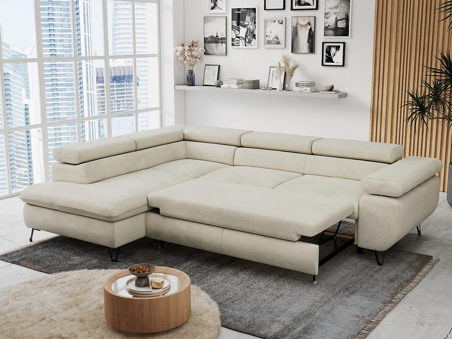 Ecksofa PETER verstellbare Kopfstütze, schlaffunktion - Beige Velvet - Ecke Links