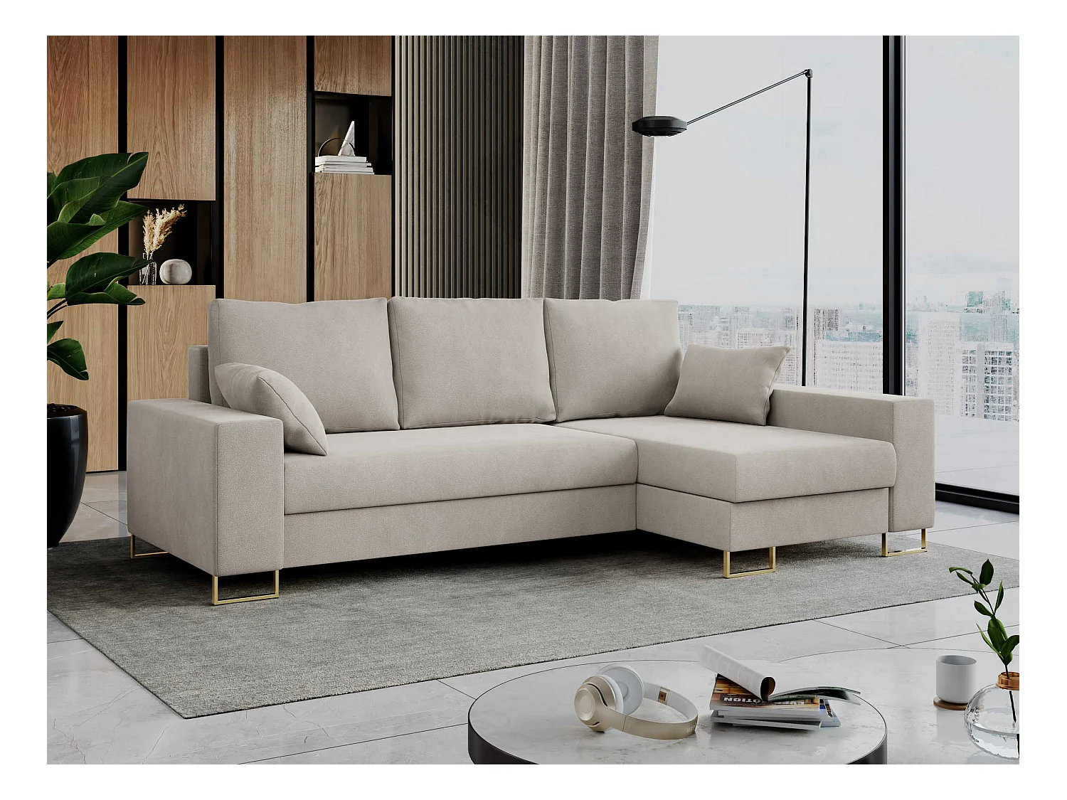 Ecksofa DORIAN - schlaffunktion und Bettkasten, lose Kissen - Beige Velvet