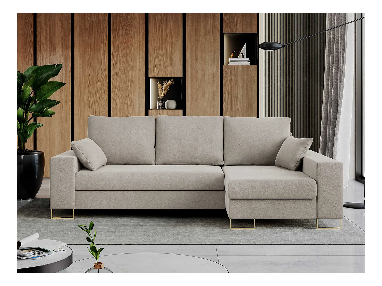 Ecksofa DORIAN - schlaffunktion und Bettkasten, lose Kissen - Beige Velvet