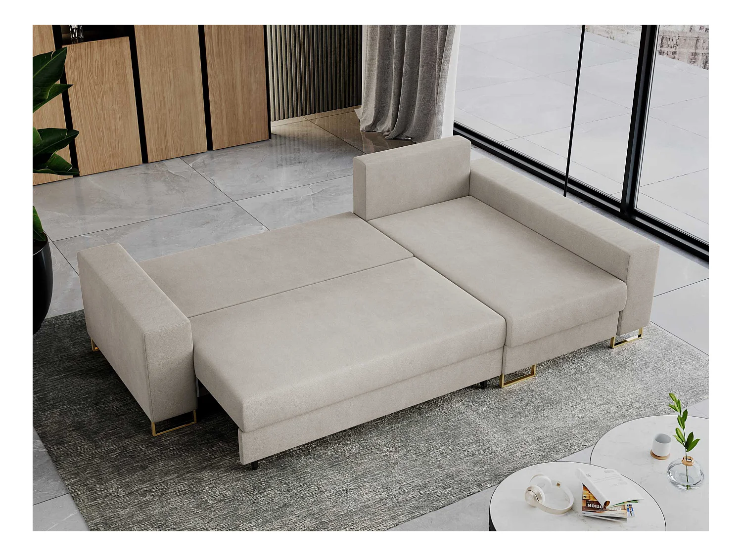 Ecksofa DORIAN - schlaffunktion und Bettkasten, lose Kissen - Beige Velvet