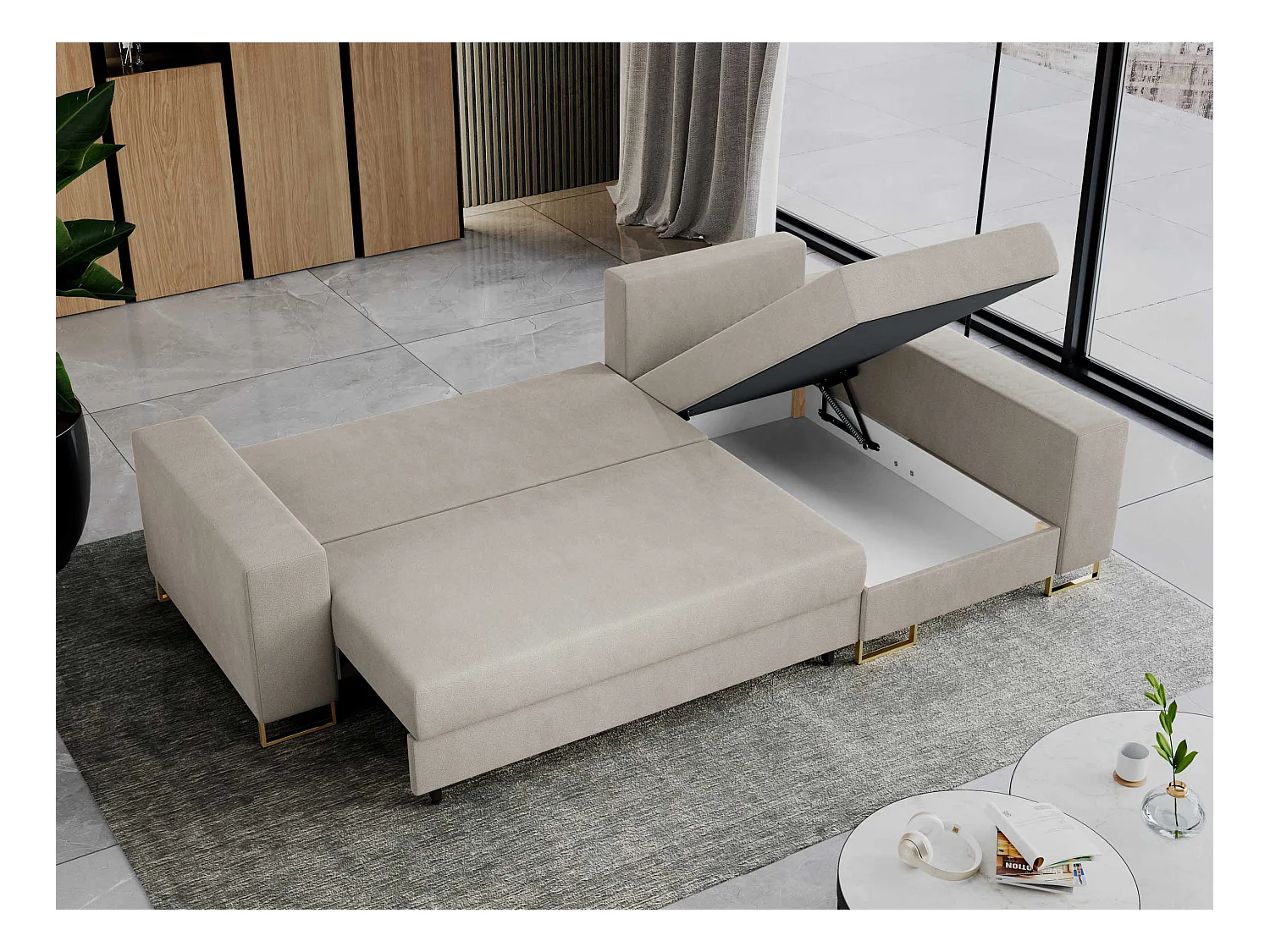 Ecksofa DORIAN - schlaffunktion und Bettkasten, lose Kissen - Beige Velvet