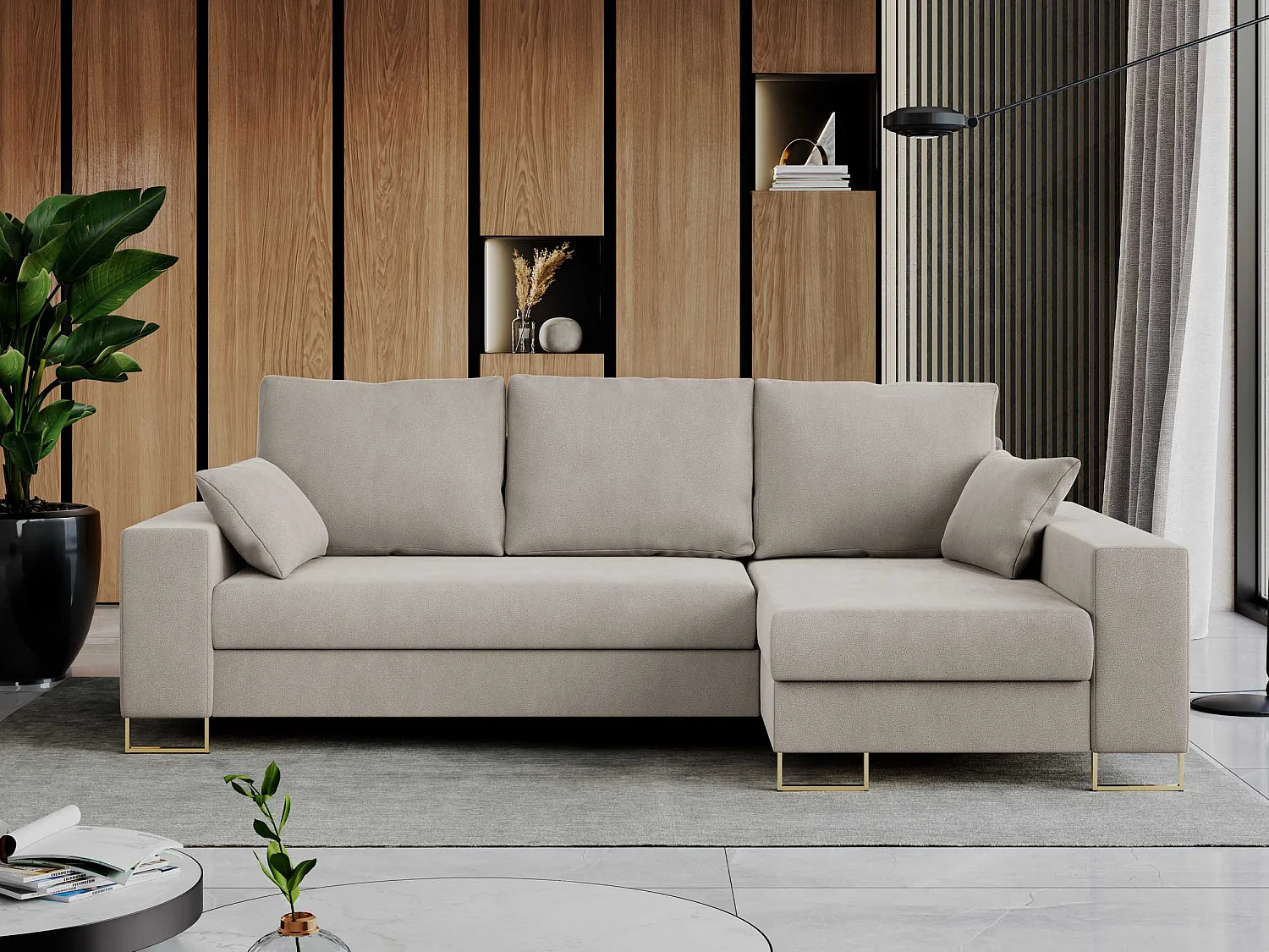 Ecksofa DORIAN - schlaffunktion und Bettkasten, lose Kissen - Beige Velvet