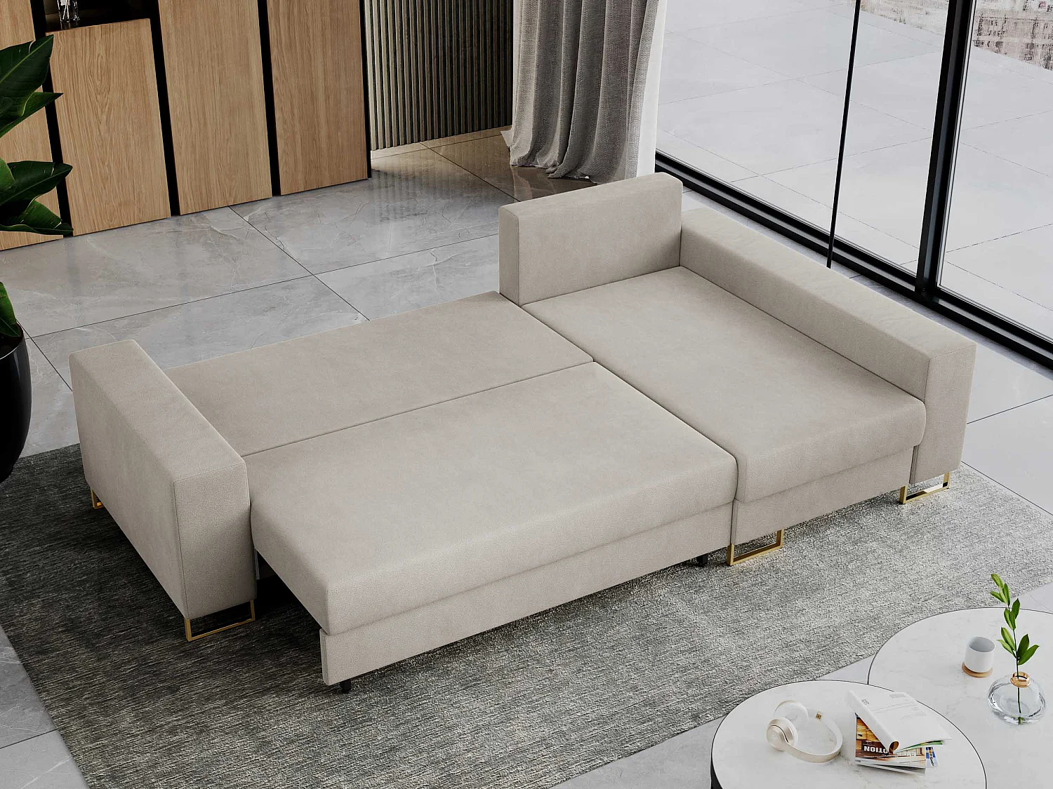 Ecksofa DORIAN - schlaffunktion und Bettkasten, lose Kissen - Beige Velvet