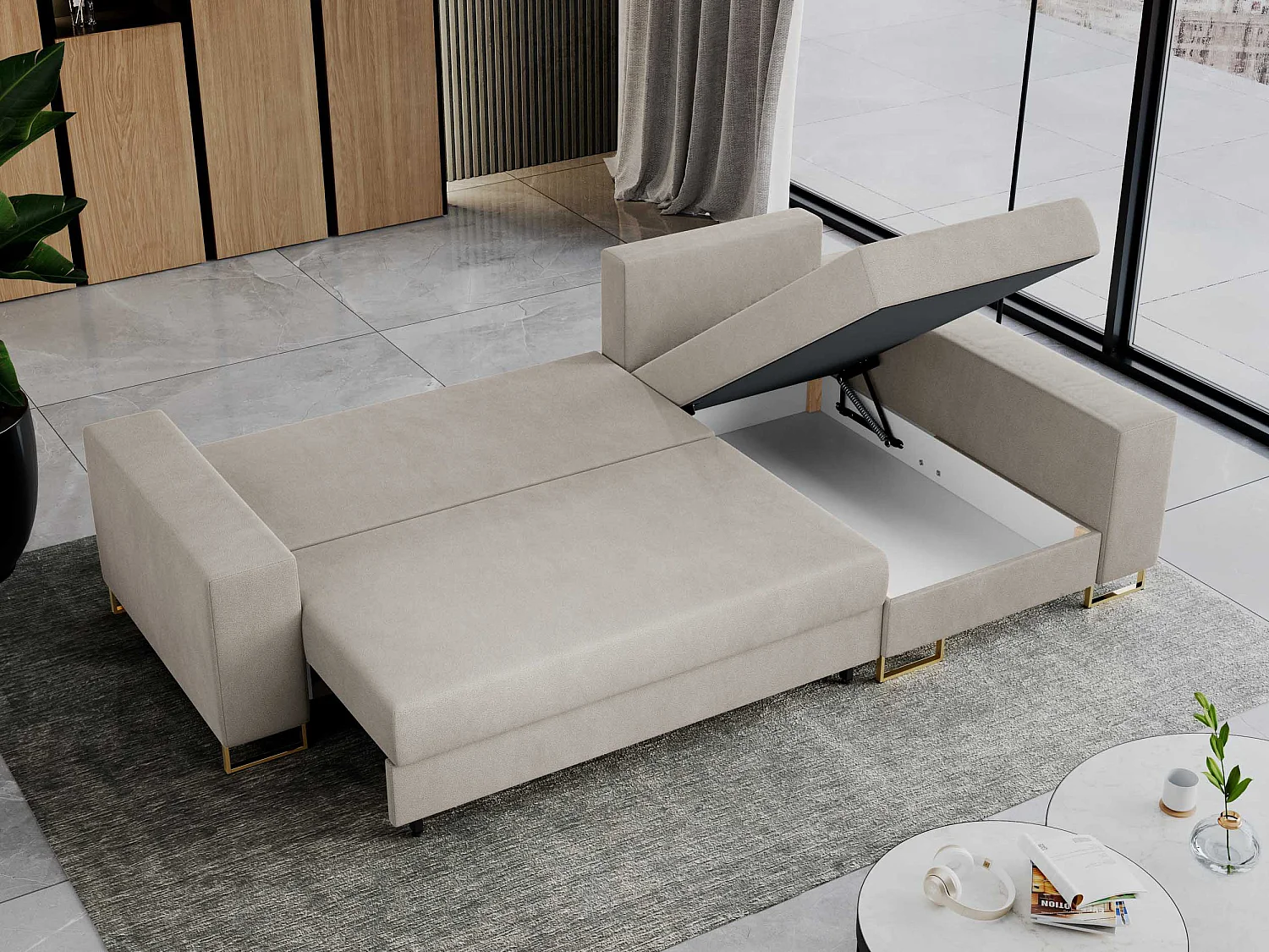 Ecksofa DORIAN - schlaffunktion und Bettkasten, lose Kissen - Beige Velvet