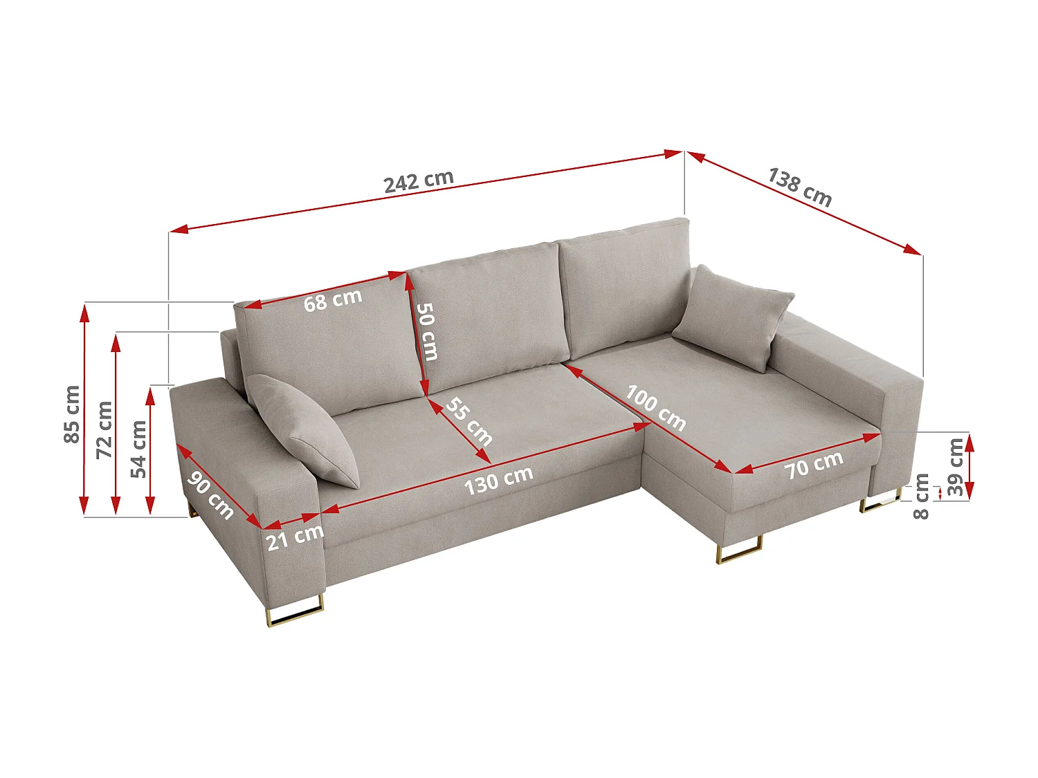 Ecksofa DORIAN - schlaffunktion und Bettkasten, lose Kissen - Beige Velvet