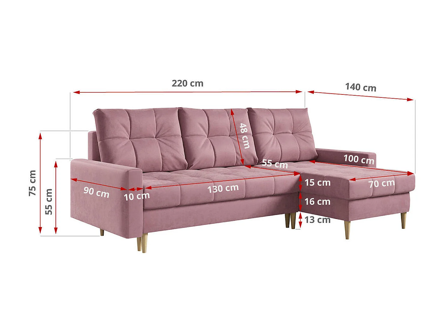 Ecksofa ASTRA - skandinavisch L-förmige Ecke, schlaffunktion - Rosa Velvet