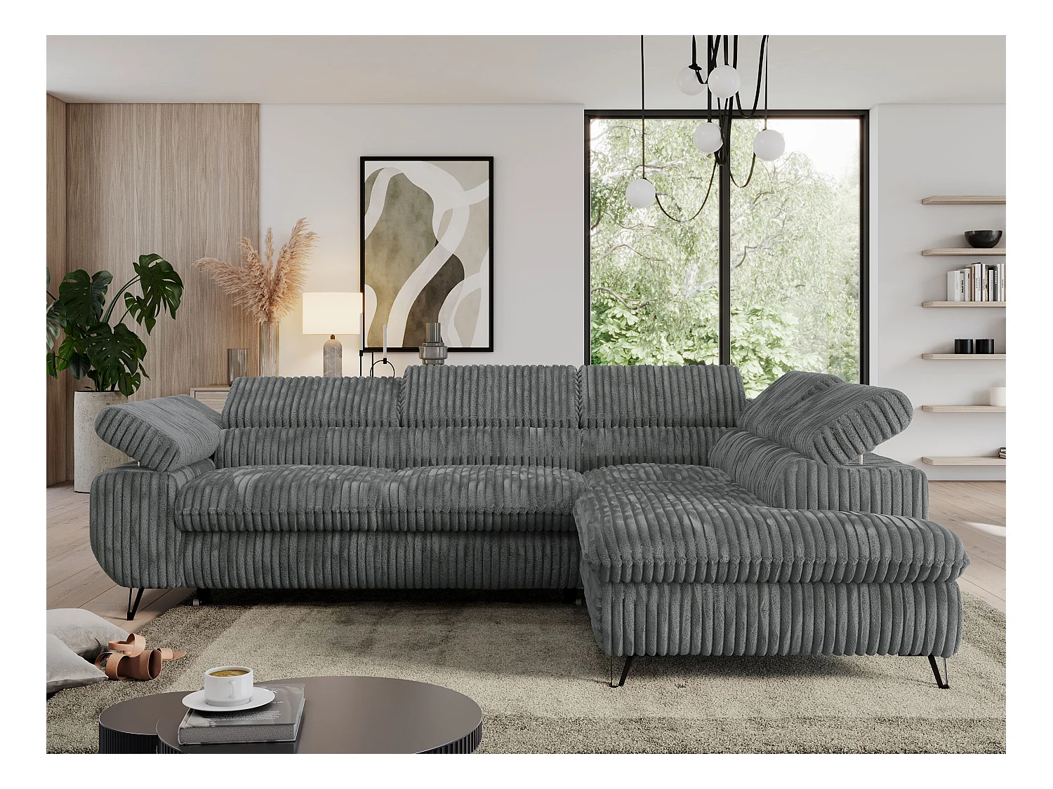 Ecksofa PEDRO - L-Form mit Schlaffunktion 200x125 cm, verstellbaren Kopfstützen - Dunkelgrau Cord - Ecke Rechts