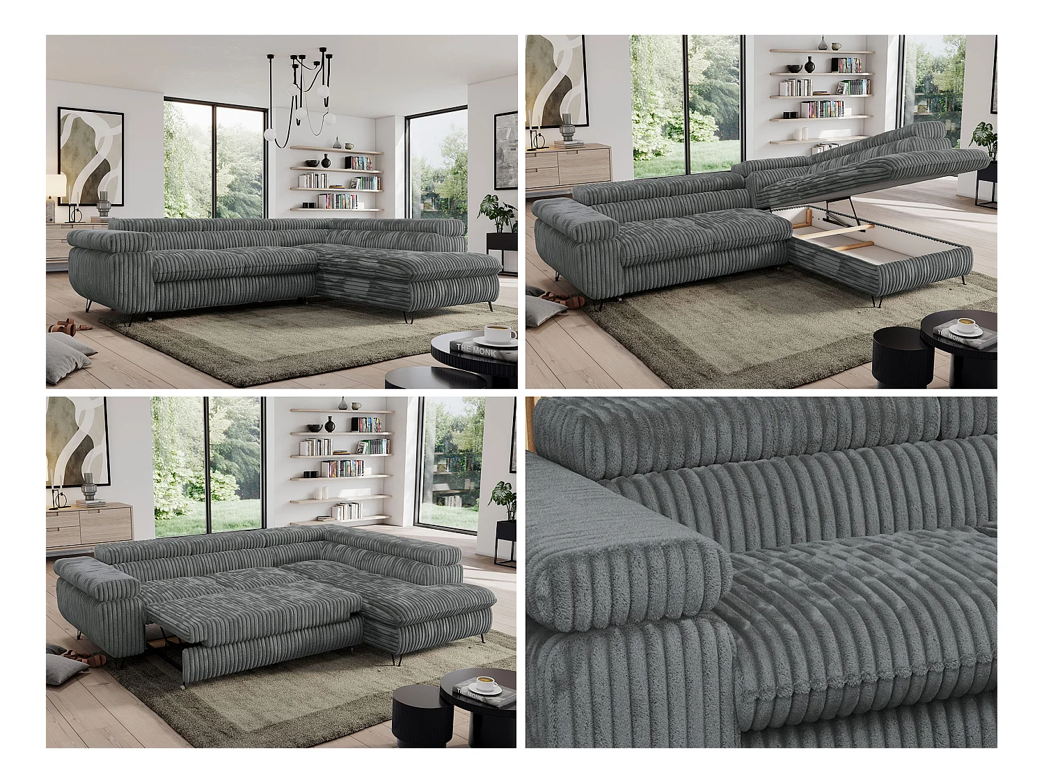Ecksofa PEDRO - L-Form mit Schlaffunktion 200x125 cm, verstellbaren Kopfstützen - Dunkelgrau Cord - Ecke Rechts