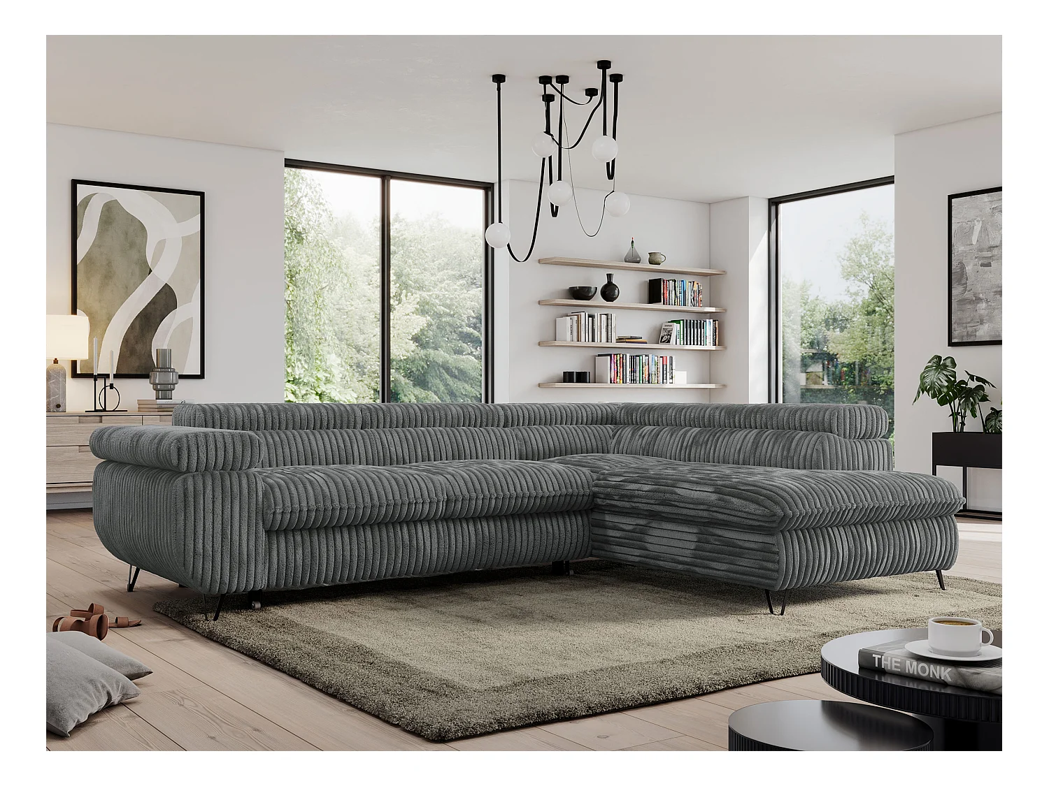 Ecksofa PEDRO - L-Form mit Schlaffunktion 200x125 cm, verstellbaren Kopfstützen - Dunkelgrau Cord - Ecke Rechts