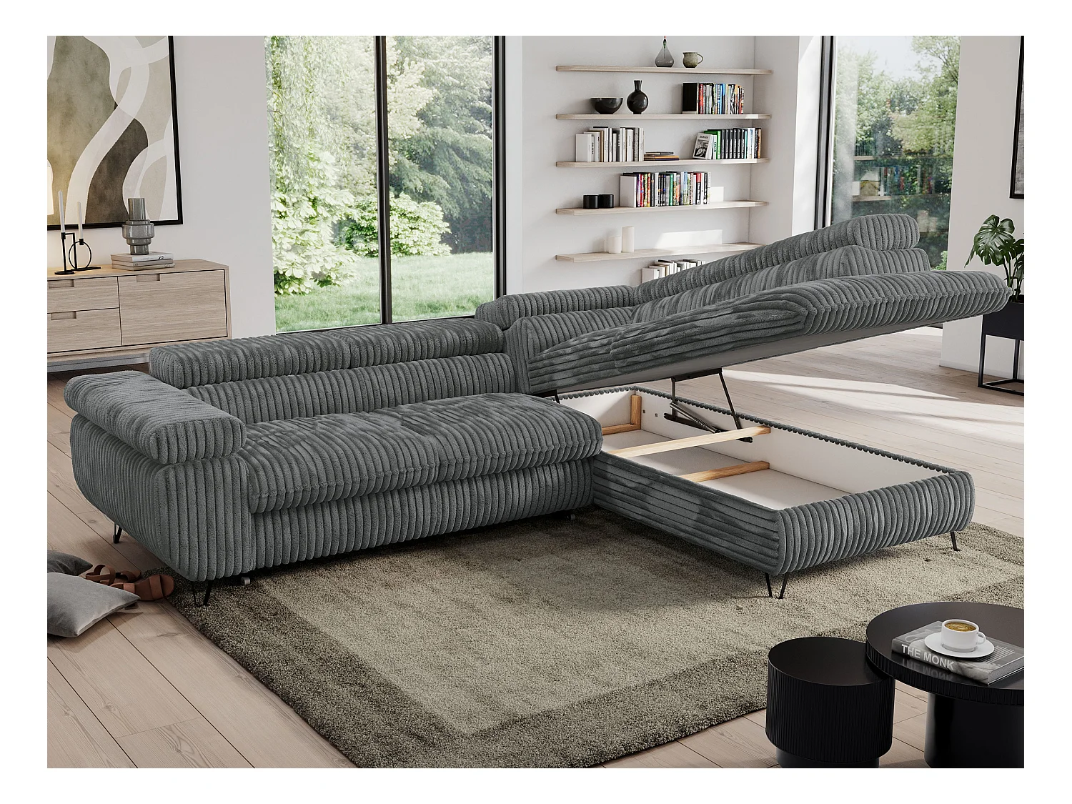 Ecksofa PEDRO - L-Form mit Schlaffunktion 200x125 cm, verstellbaren Kopfstützen - Dunkelgrau Cord - Ecke Rechts