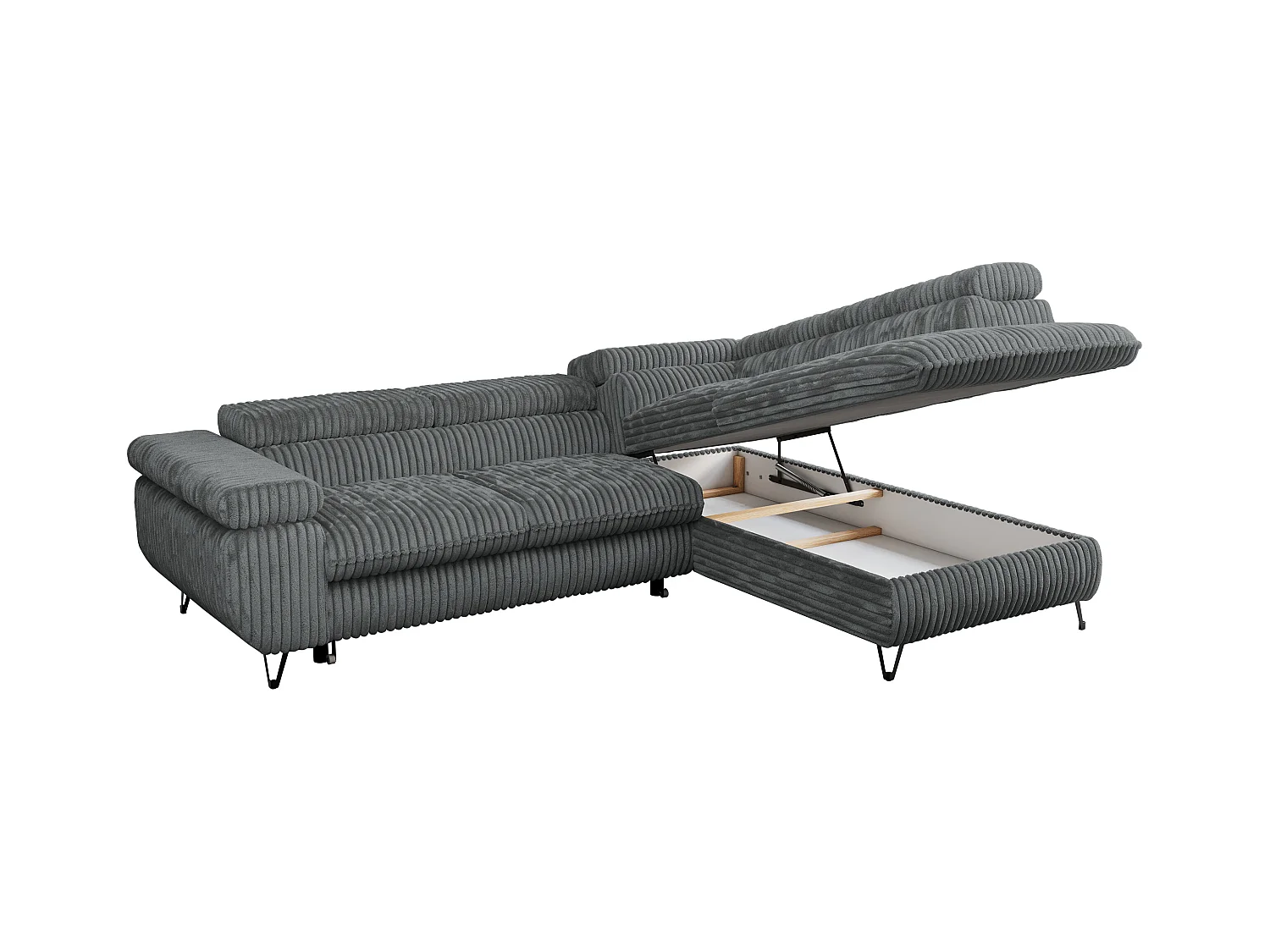 Ecksofa PEDRO - L-Form mit Schlaffunktion 200x125 cm, verstellbaren Kopfstützen - Dunkelgrau Cord - Ecke Rechts