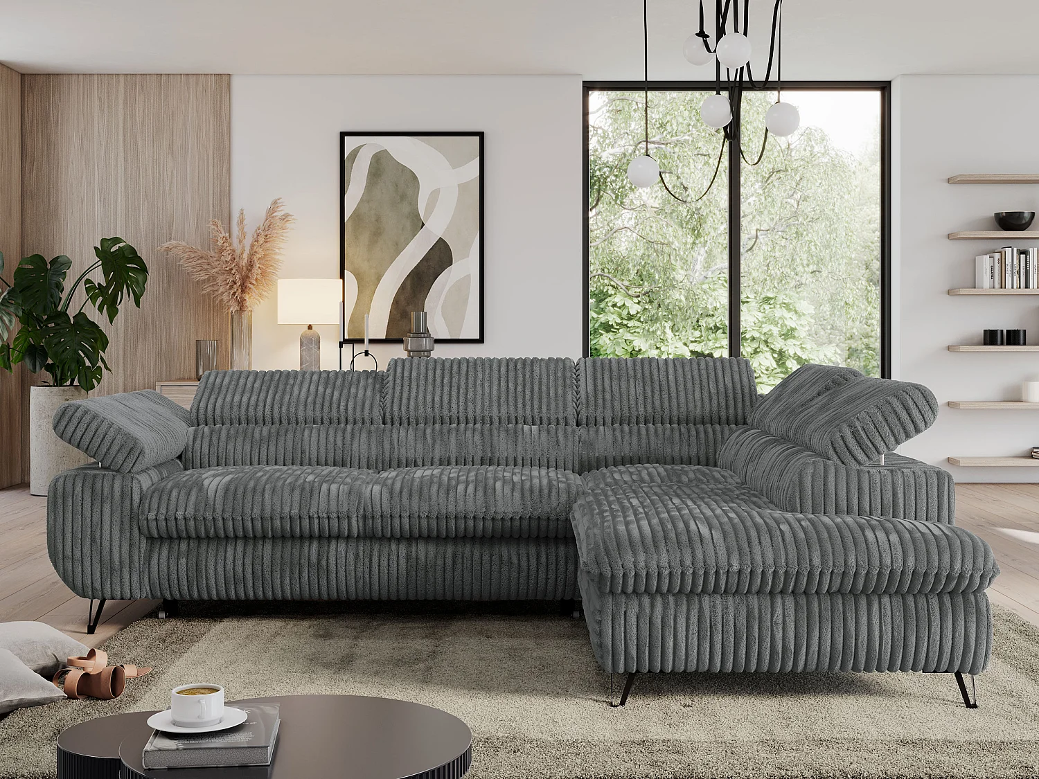 Ecksofa PEDRO - L-Form mit Schlaffunktion 200x125 cm, verstellbaren Kopfstützen - Dunkelgrau Cord - Ecke Rechts