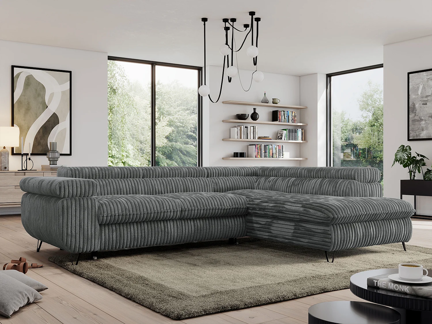 Ecksofa PEDRO - L-Form mit Schlaffunktion 200x125 cm, verstellbaren Kopfstützen - Dunkelgrau Cord - Ecke Rechts
