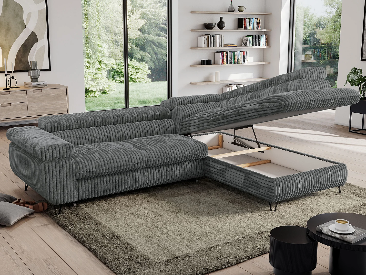 Ecksofa PEDRO - L-Form mit Schlaffunktion 200x125 cm, verstellbaren Kopfstützen - Dunkelgrau Cord - Ecke Rechts