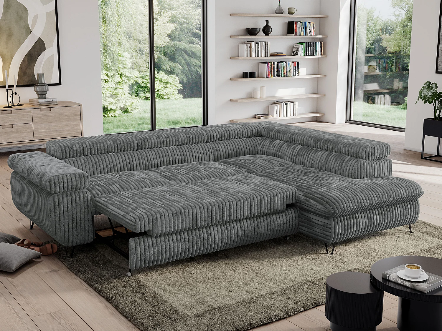 Ecksofa PEDRO - L-Form mit Schlaffunktion 200x125 cm, verstellbaren Kopfstützen - Dunkelgrau Cord - Ecke Rechts