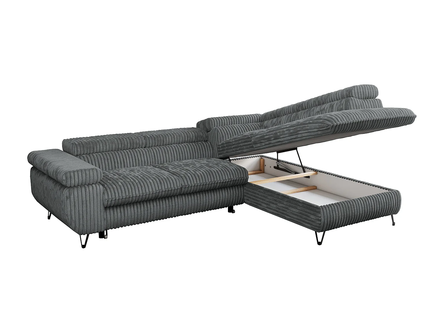 Ecksofa PEDRO - L-Form mit Schlaffunktion 200x125 cm, verstellbaren Kopfstützen - Dunkelgrau Cord - Ecke Rechts
