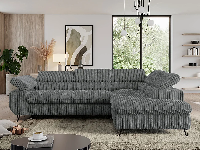 Ecksofa PEDRO - L-Form mit Schlaffunktion 200x125 cm, verstellbaren Kopfstützen - Dunkelgrau Cord - Ecke Rechts