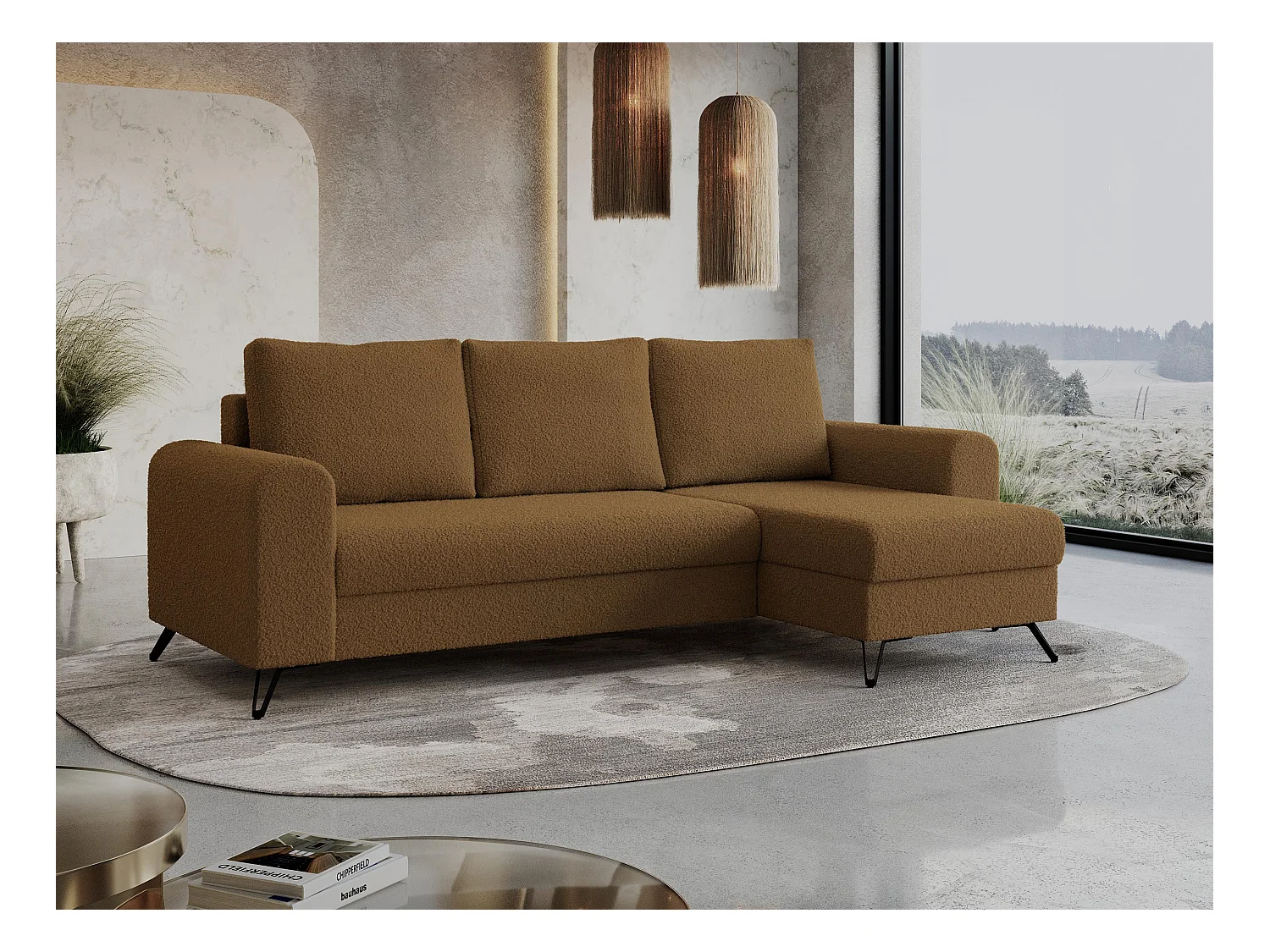 Ecksofa HUGO - L-Form mit Schlaffunktion, lose Kissen - Braun Boucle